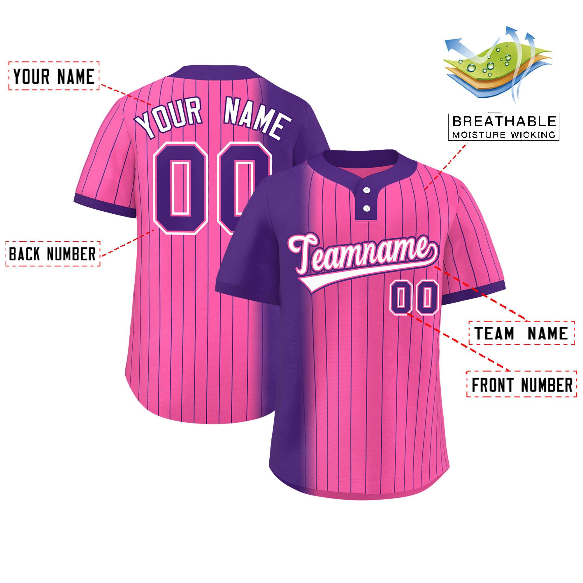 Custom Purple Pink Gradient Stripe Fashion Authentic Two-Button Baseball Jersey