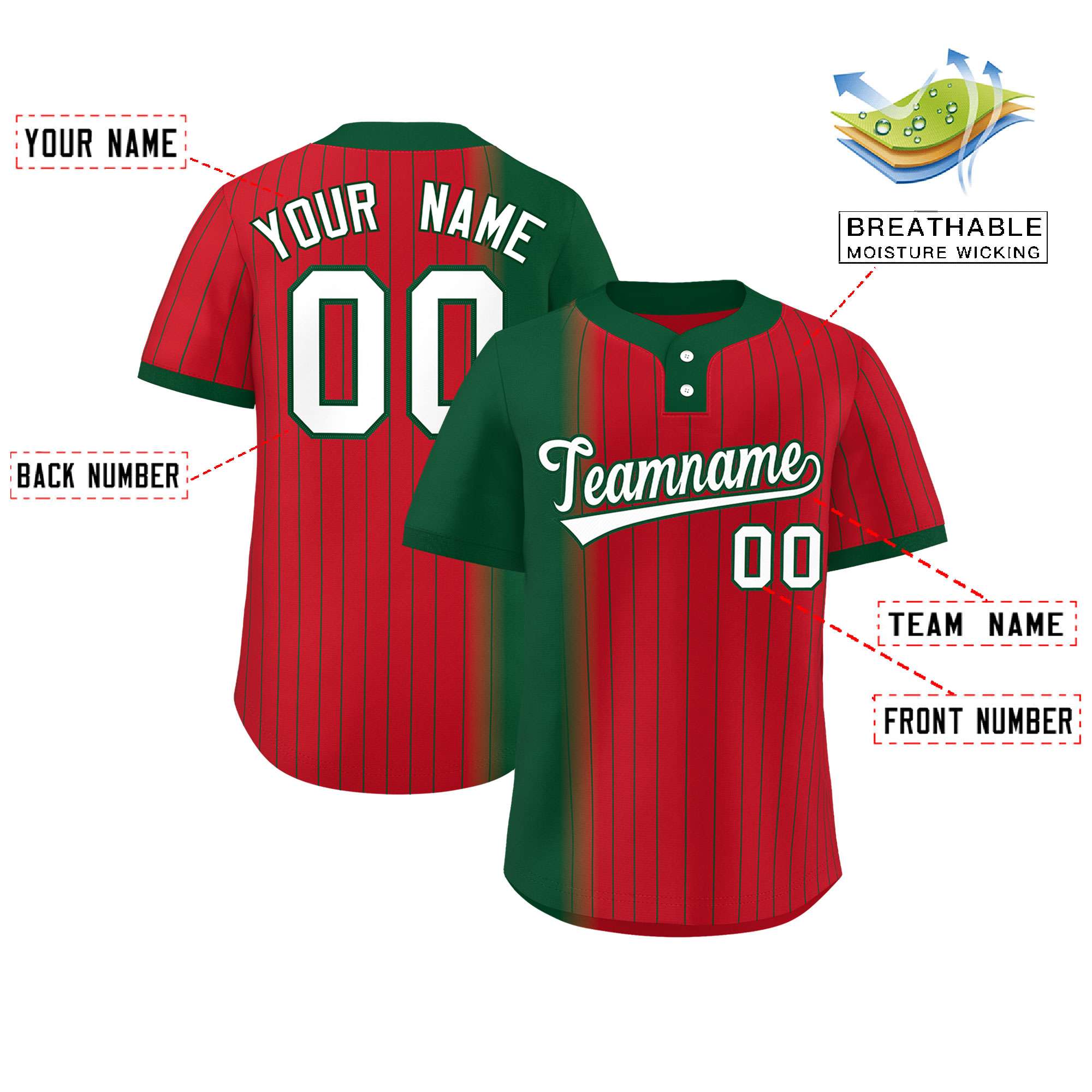 Custom Green Red Gradient Stripe Fashion Authentic Two-Button Baseball Jersey