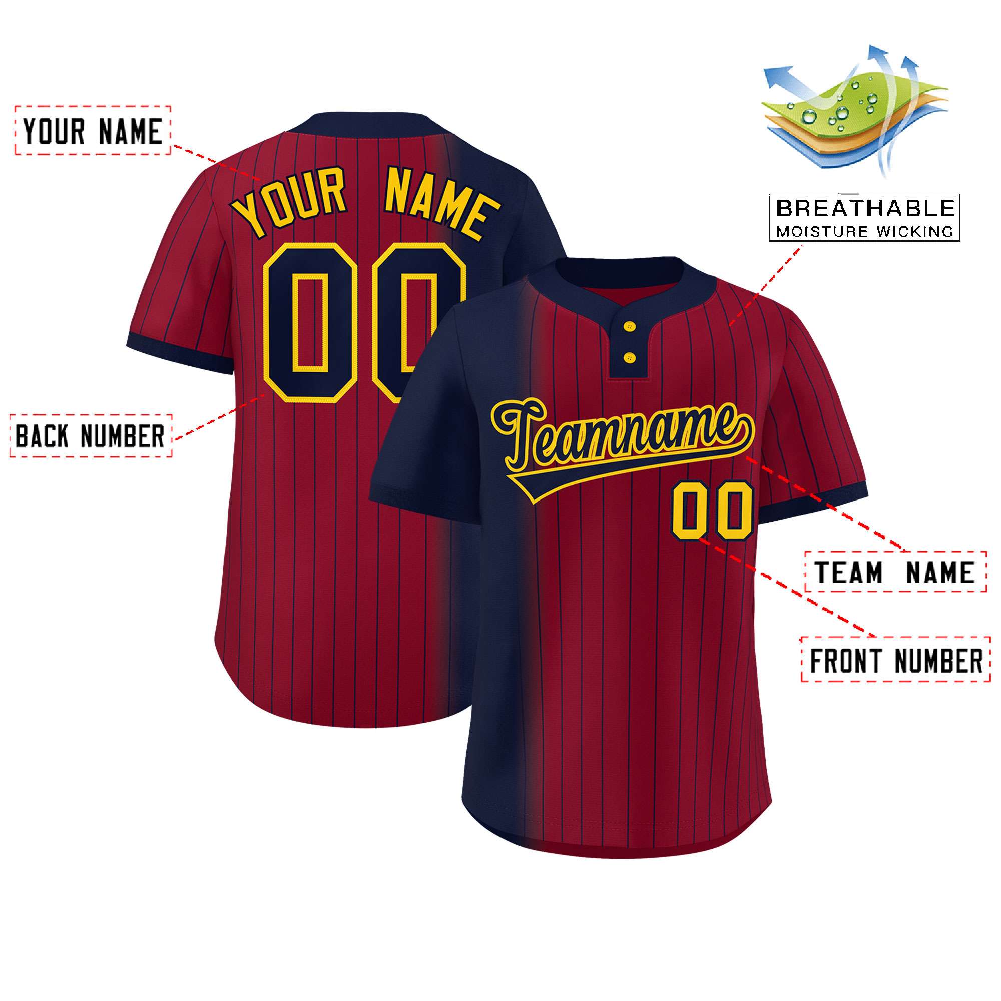 Custom Navy Crimson Gradient Stripe Fashion Authentic Two-Button Baseball Jersey