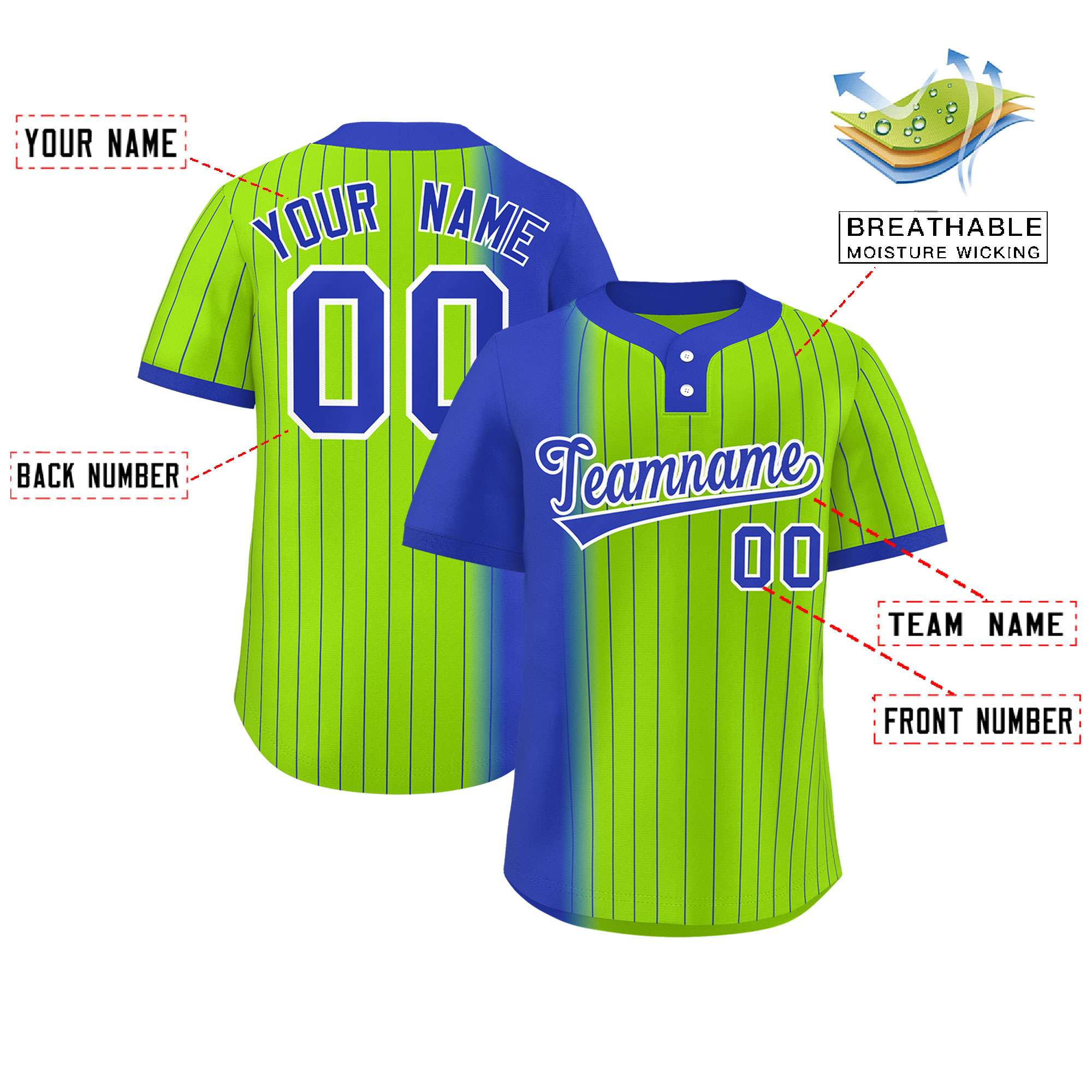 Custom Royal Neon Green Gradient Stripe Fashion Authentic Two-Button Baseball Jersey