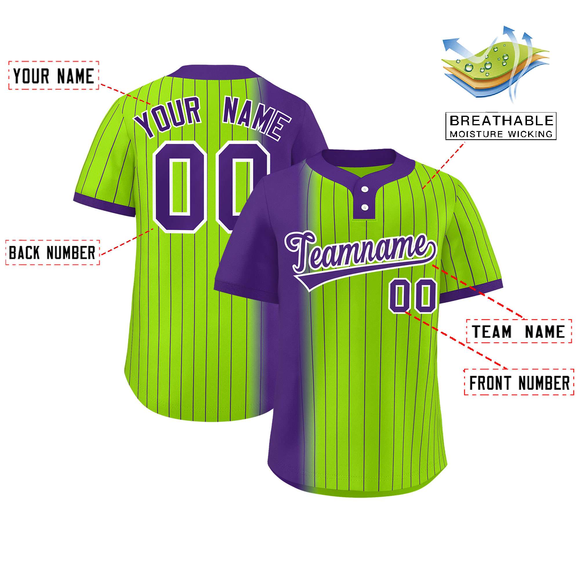 Custom Purple Neon Green Gradient Stripe Fashion Authentic Two-Button Baseball Jersey