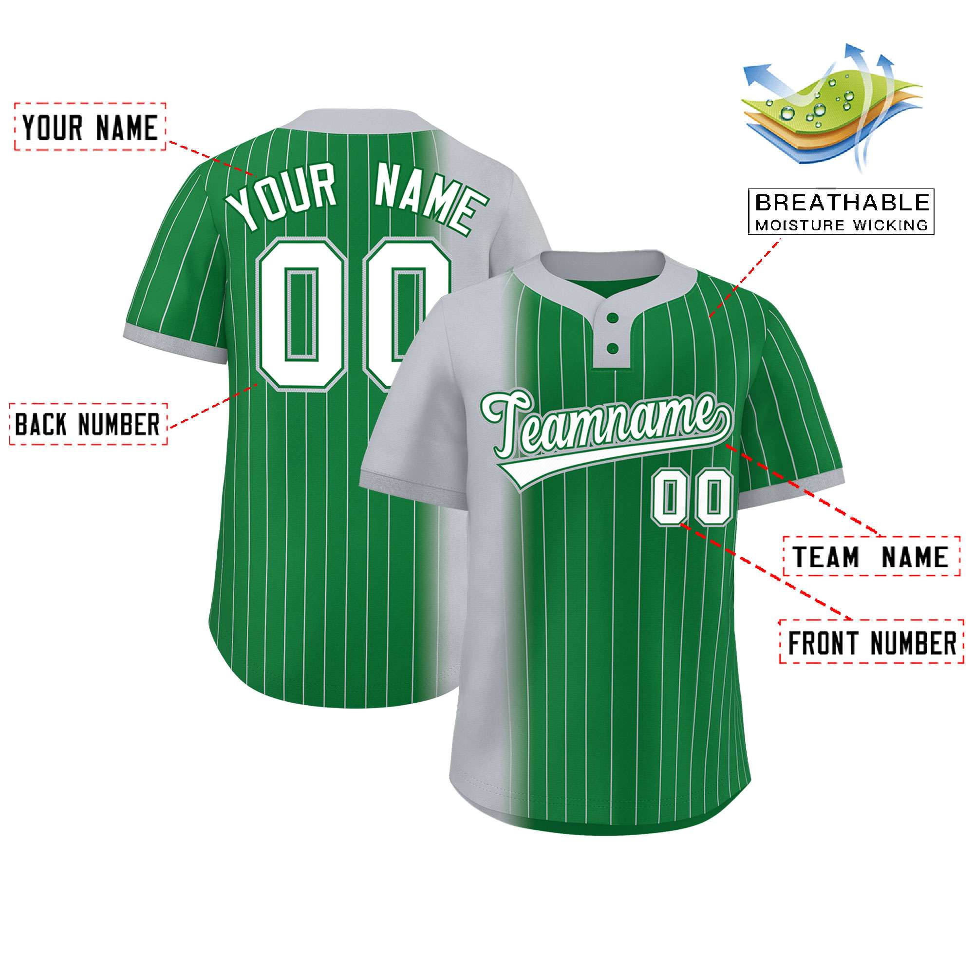 Custom Gray Kelly Green Gradient Stripe Fashion Authentic Two-Button Baseball Jersey