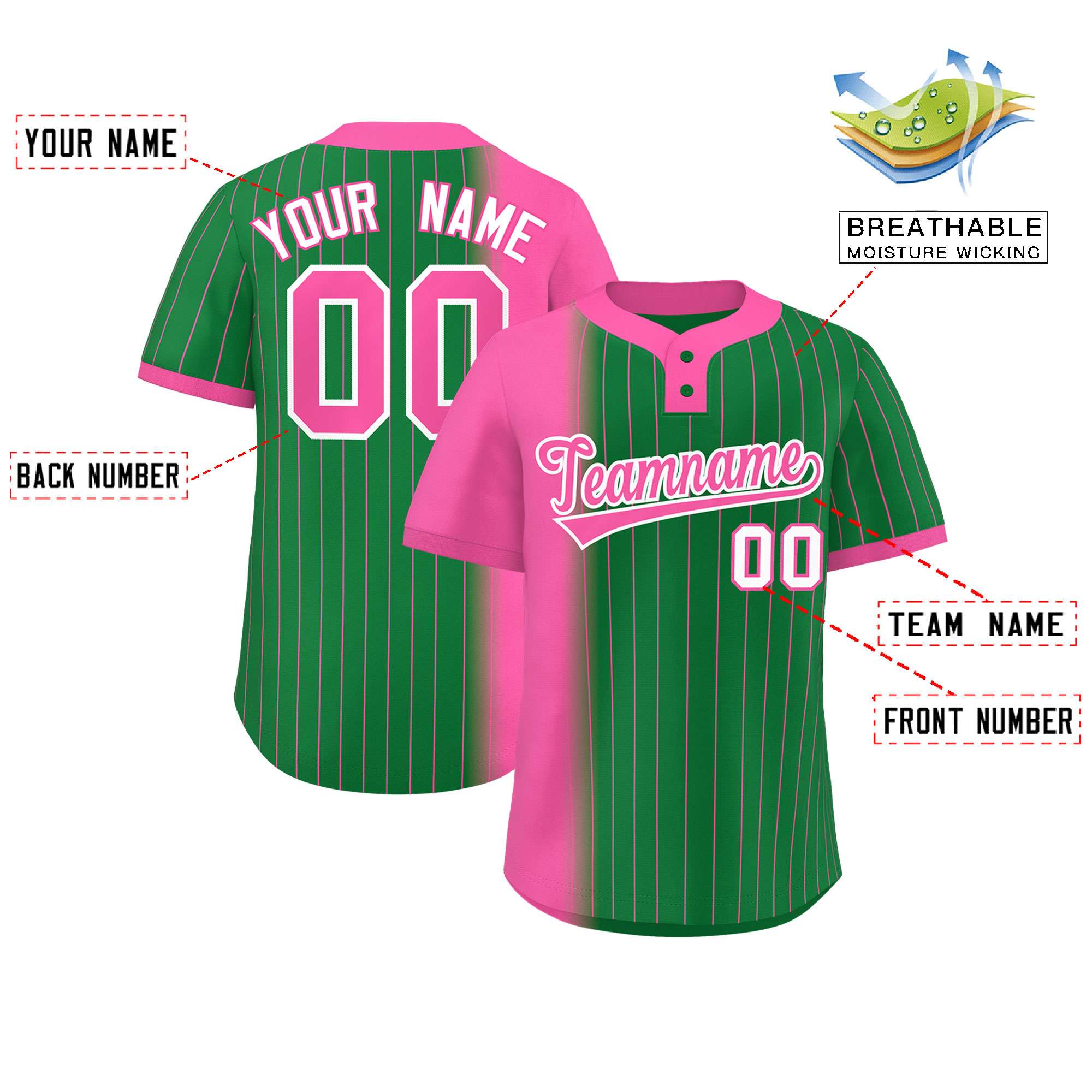 Custom Pink Kelly Green Gradient Stripe Fashion Authentic Two-Button Baseball Jersey