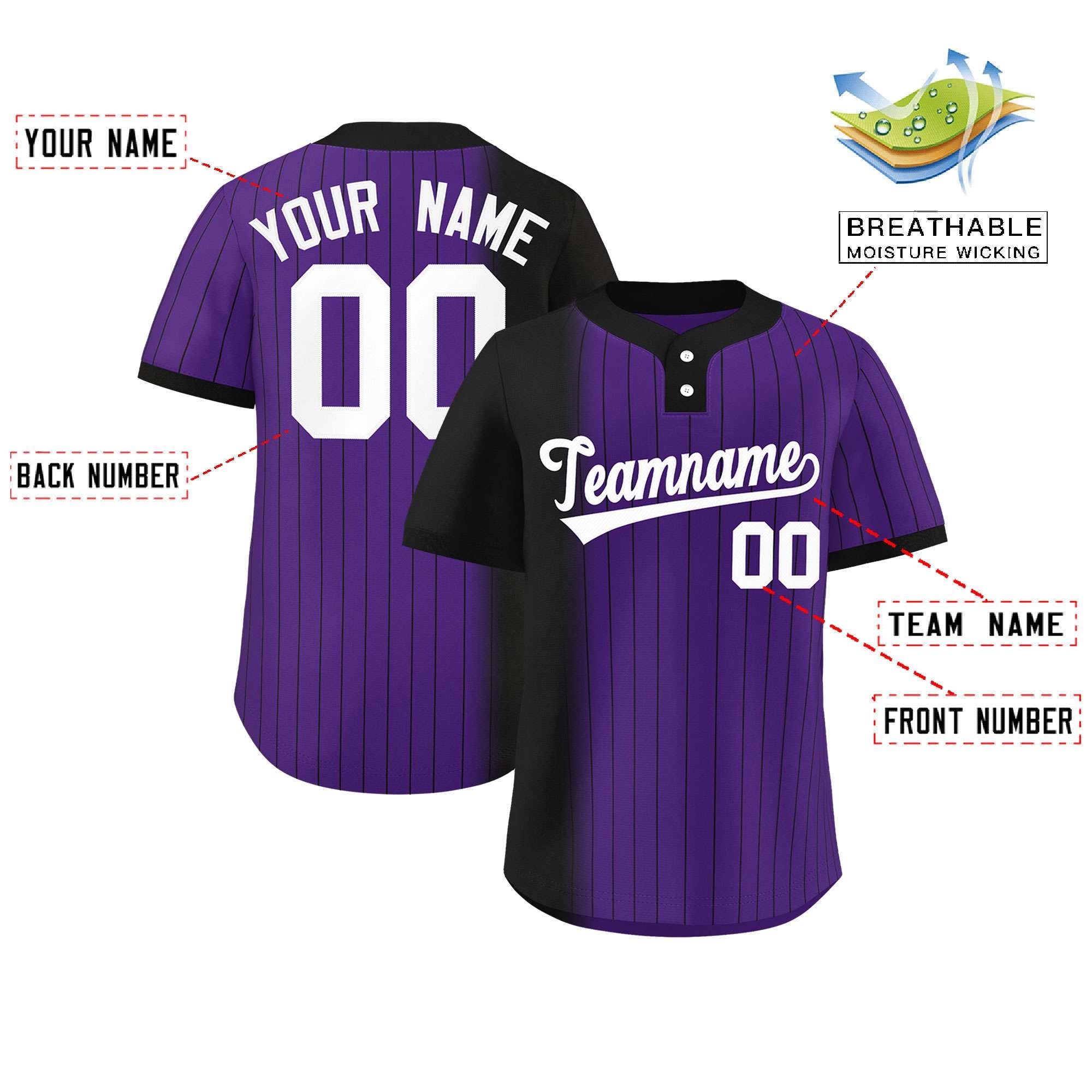 Custom Black Purple Gradient Stripe Fashion Authentic Two-Button Baseball Jersey