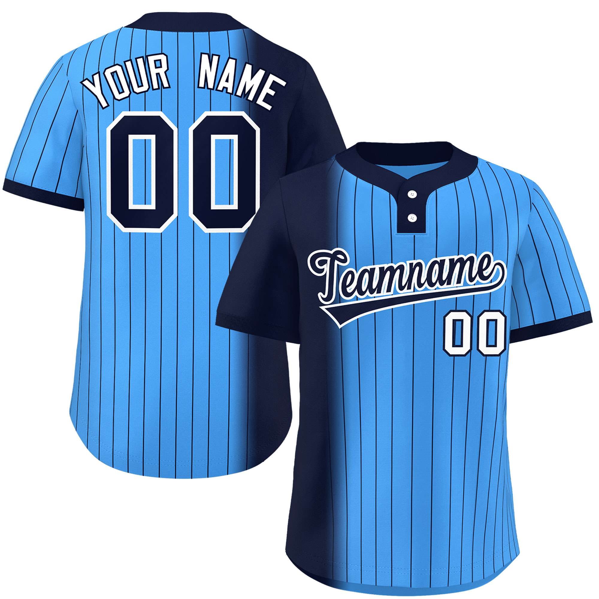 Custom Navy Powder Blue Gradient Stripe Fashion Authentic Two-Button Baseball Jersey