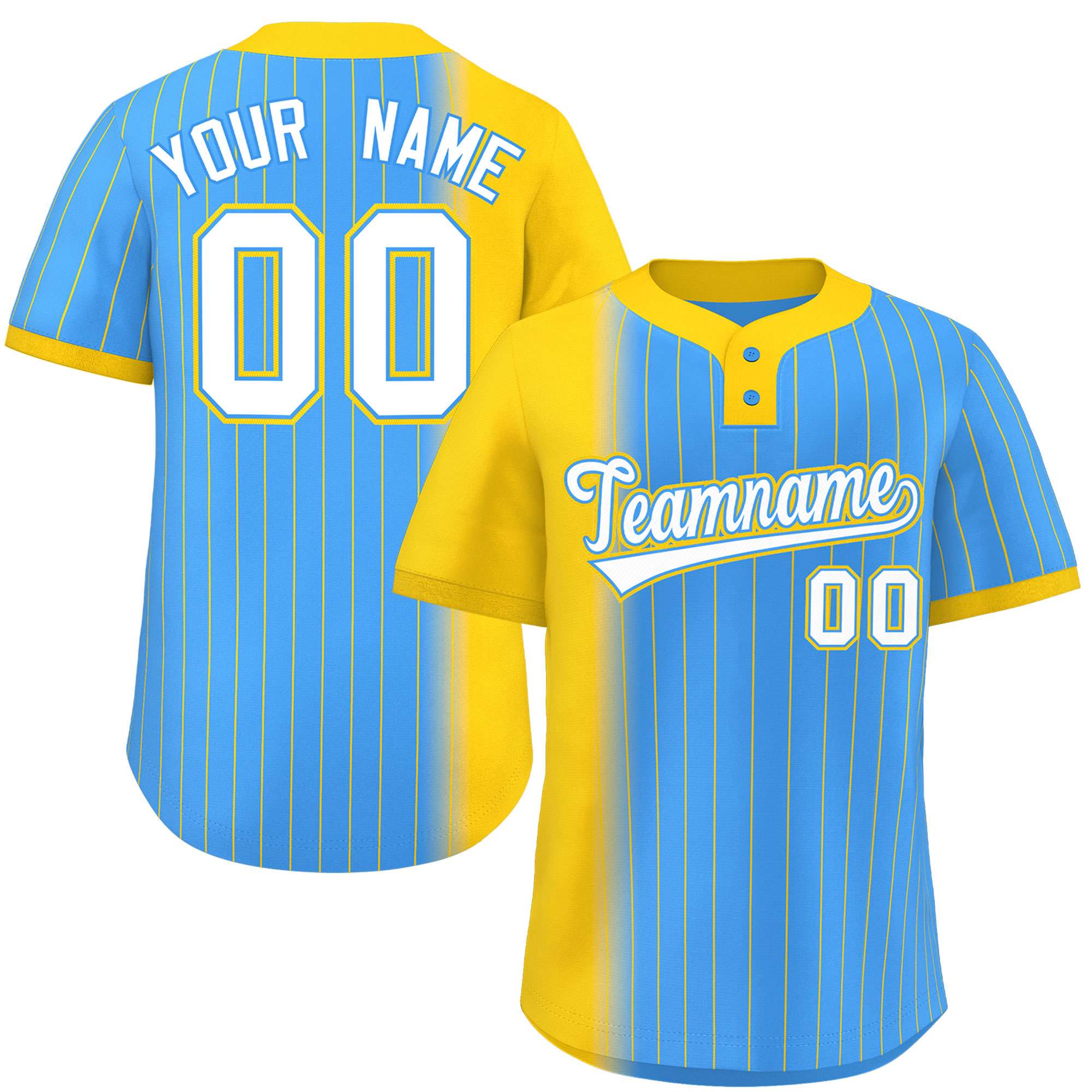 Custom Gold Powder Blue Gradient Stripe Fashion Authentic Two-Button Baseball Jersey