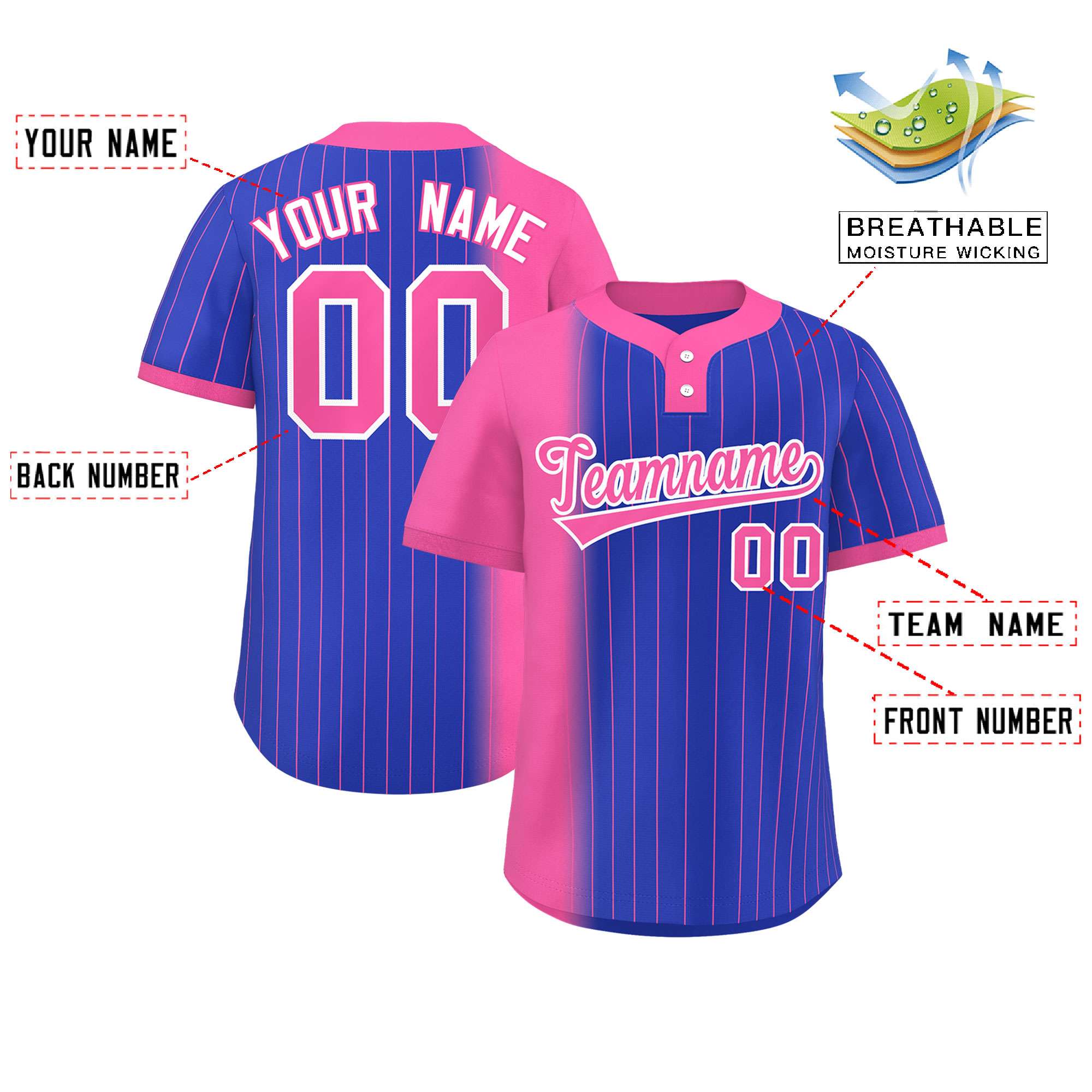 Custom Pink Royal Gradient Stripe Fashion Authentic Two-Button Baseball Jersey