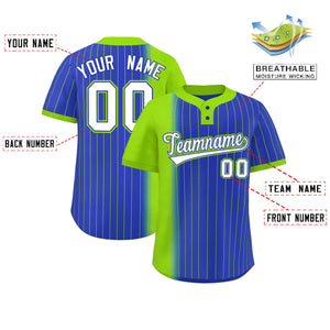 Custom Neon Green Royal Gradient Stripe Fashion Authentic Two-Button Baseball Jersey