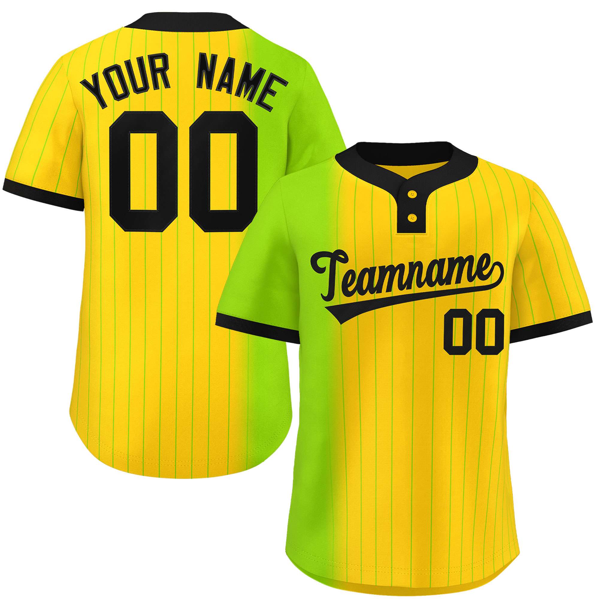 Custom Neon Green Gold Gradient Stripe Fashion Authentic Two-Button Baseball Jersey