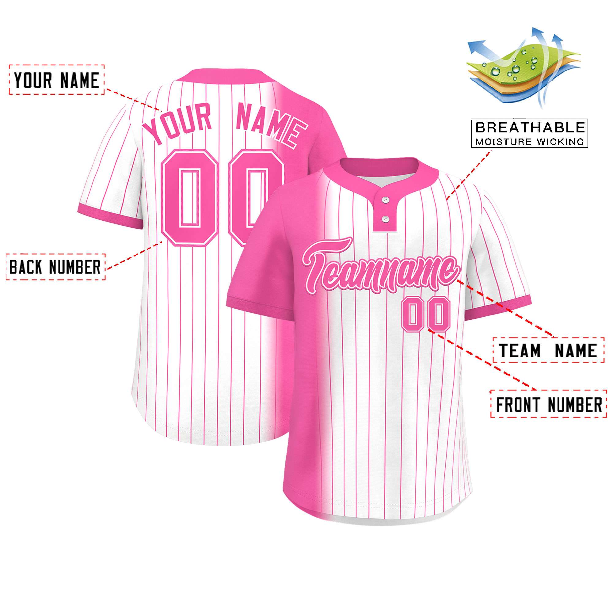 Custom Pink White Gradient Stripe Fashion Authentic Two-Button Baseball Jersey