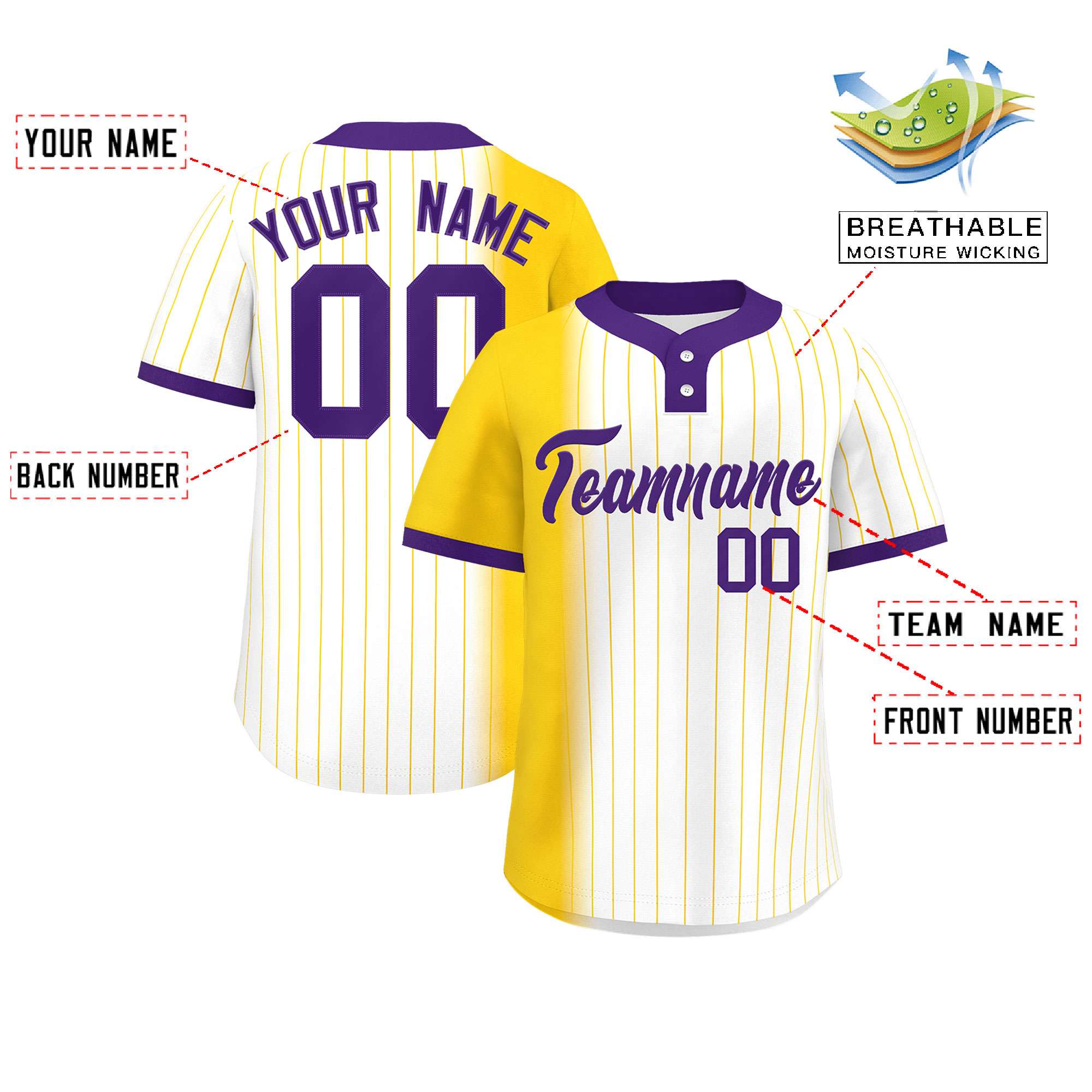 Custom Gold White-Purple Gradient Stripe Fashion Authentic Two-Button Baseball Jersey