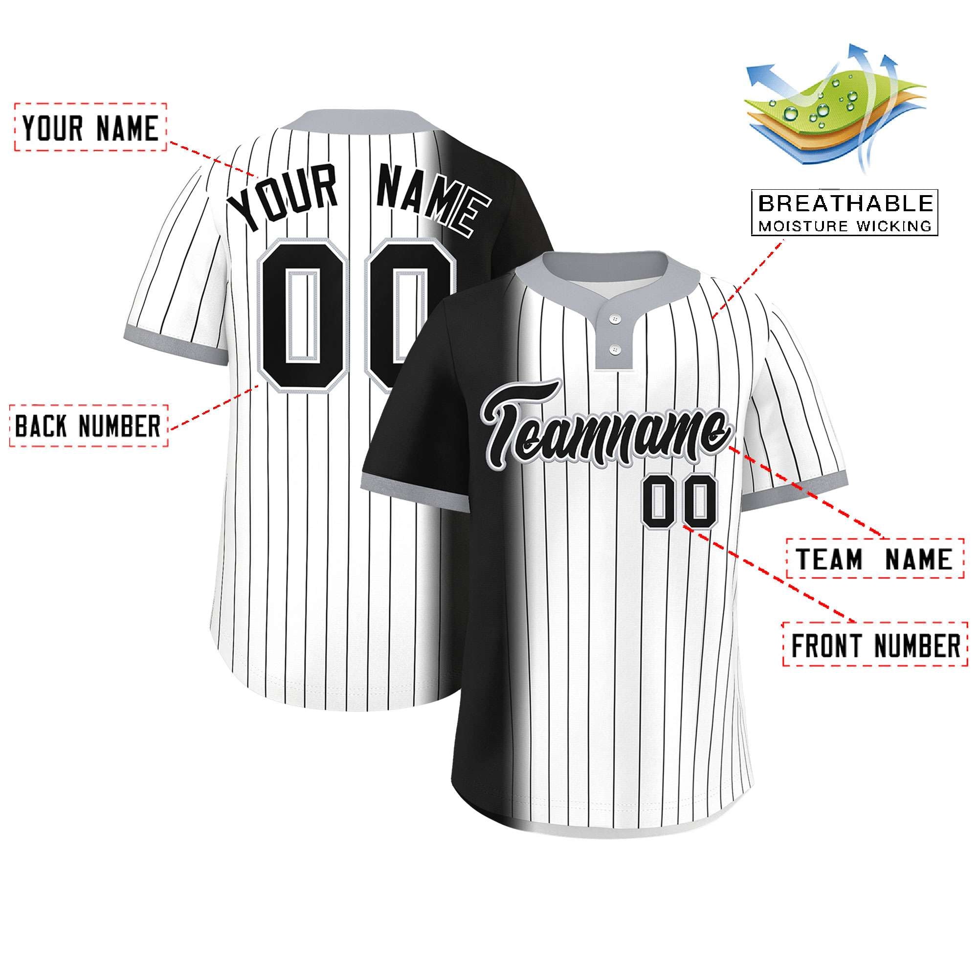 Custom Black White-Gray Gradient Stripe Fashion Authentic Two-Button Baseball Jersey