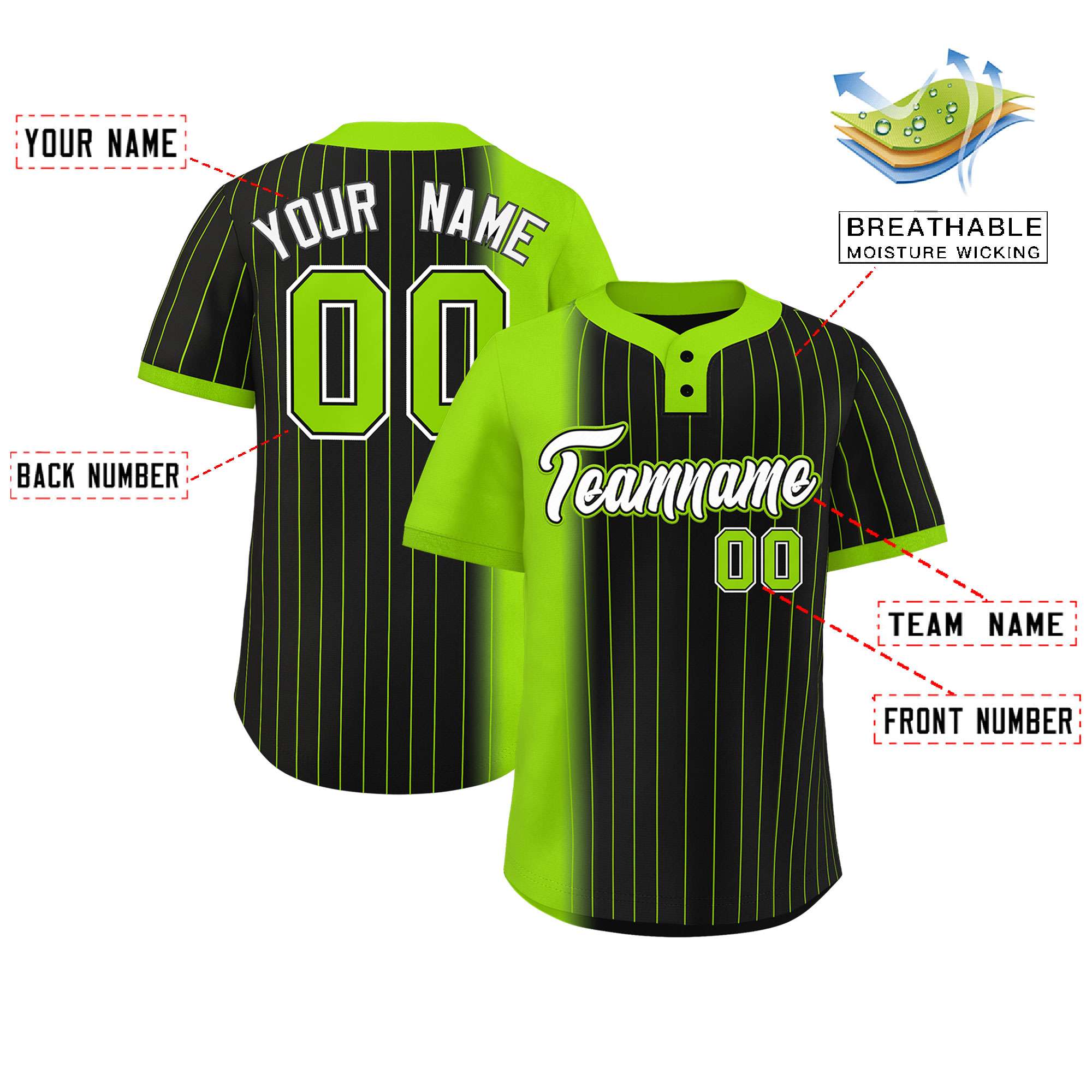 Custom Neon Green Black Gradient Stripe Fashion Authentic Two-Button Baseball Jersey