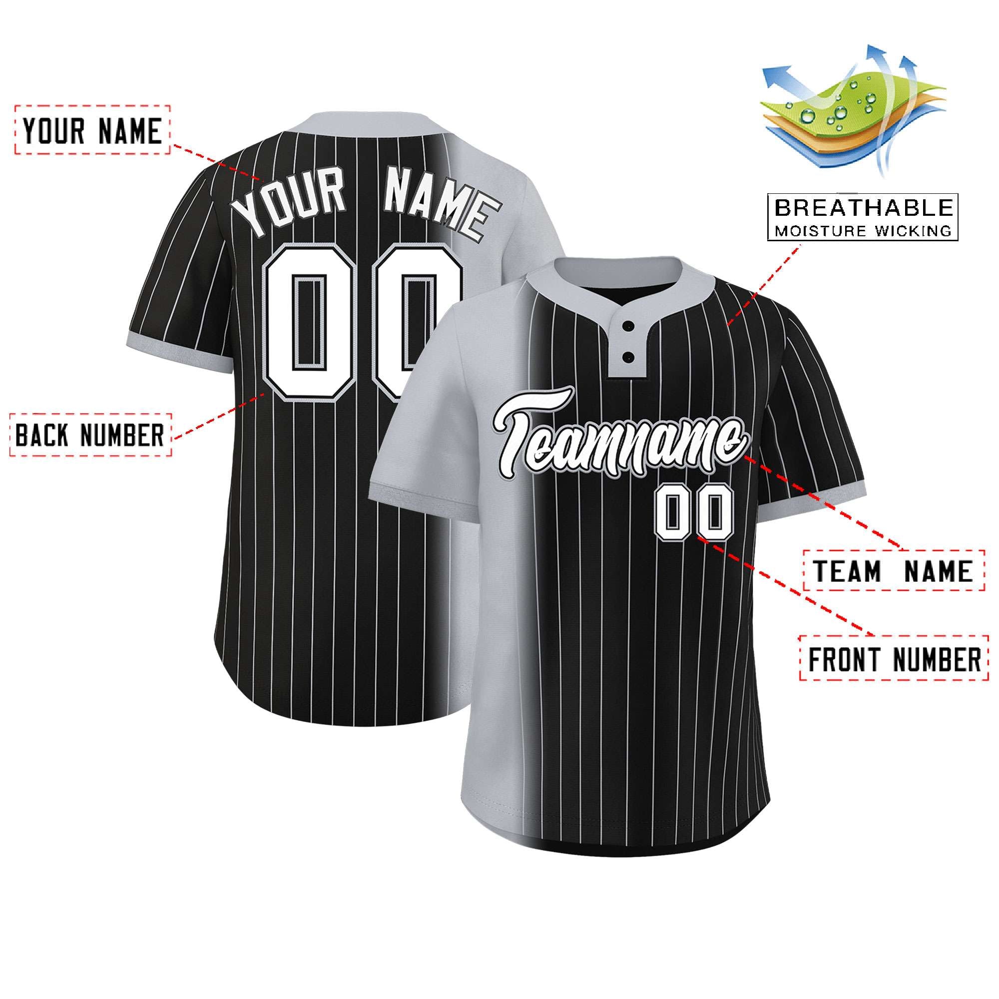 Custom Gray Black Gradient Stripe Fashion Authentic Two-Button Baseball Jersey