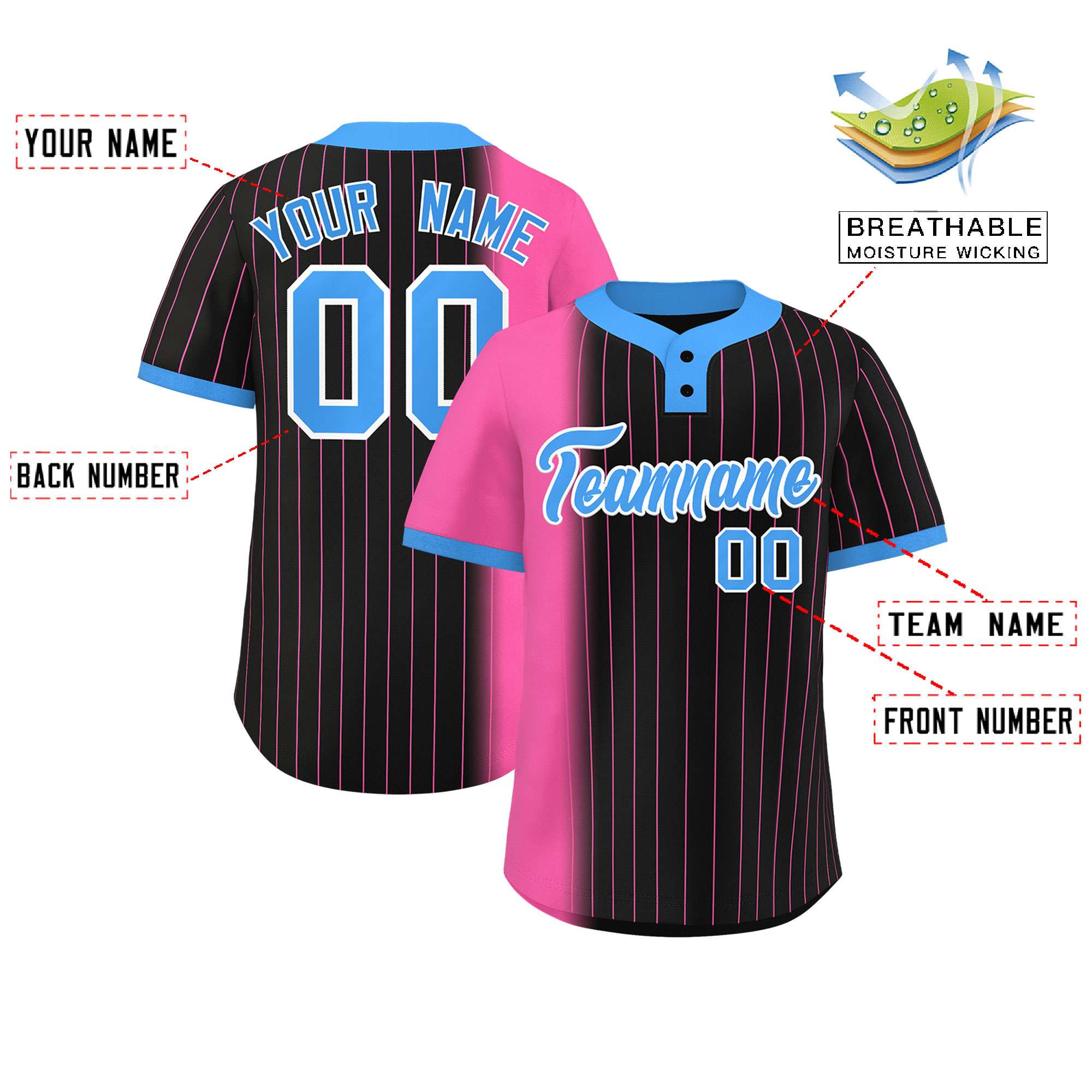 Custom Pink Black-Powder Blue Gradient Stripe Fashion Authentic Two-Button Baseball Jersey