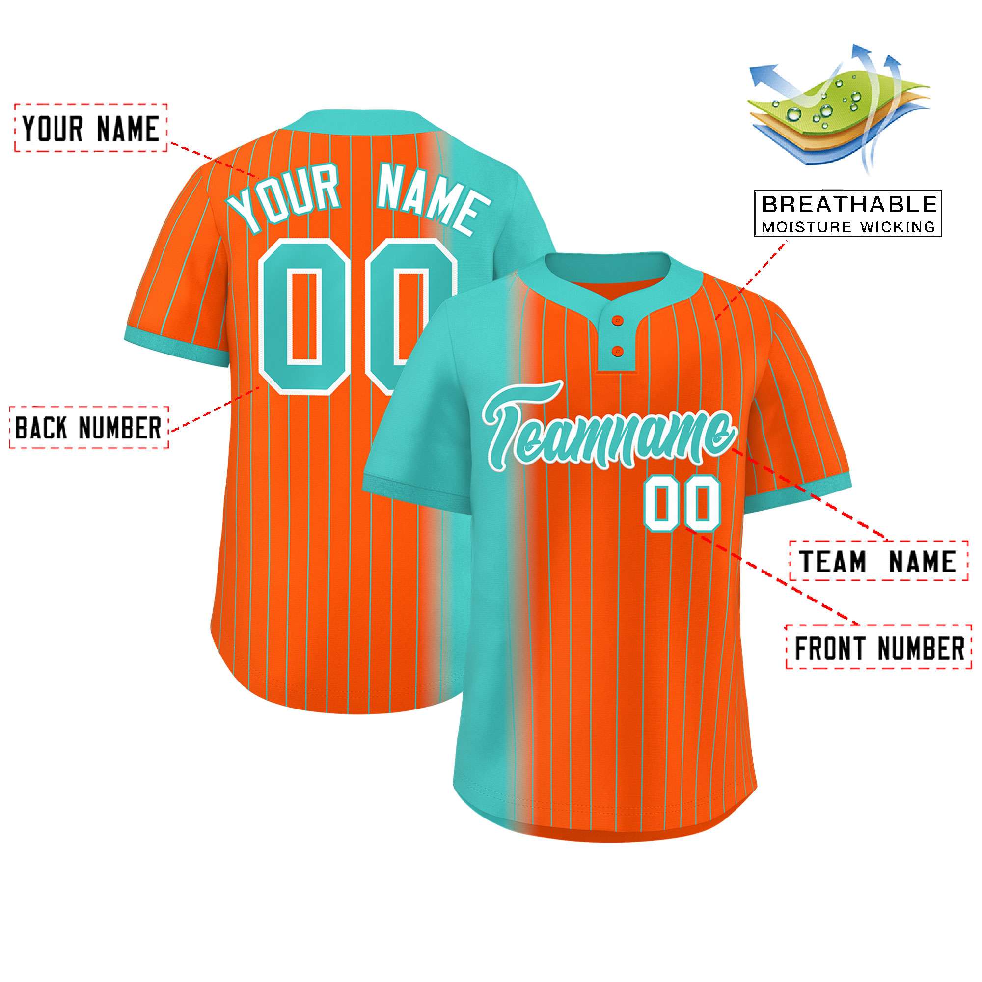 Custom Aqua Orange Gradient Stripe Fashion Authentic Two-Button Baseball Jersey