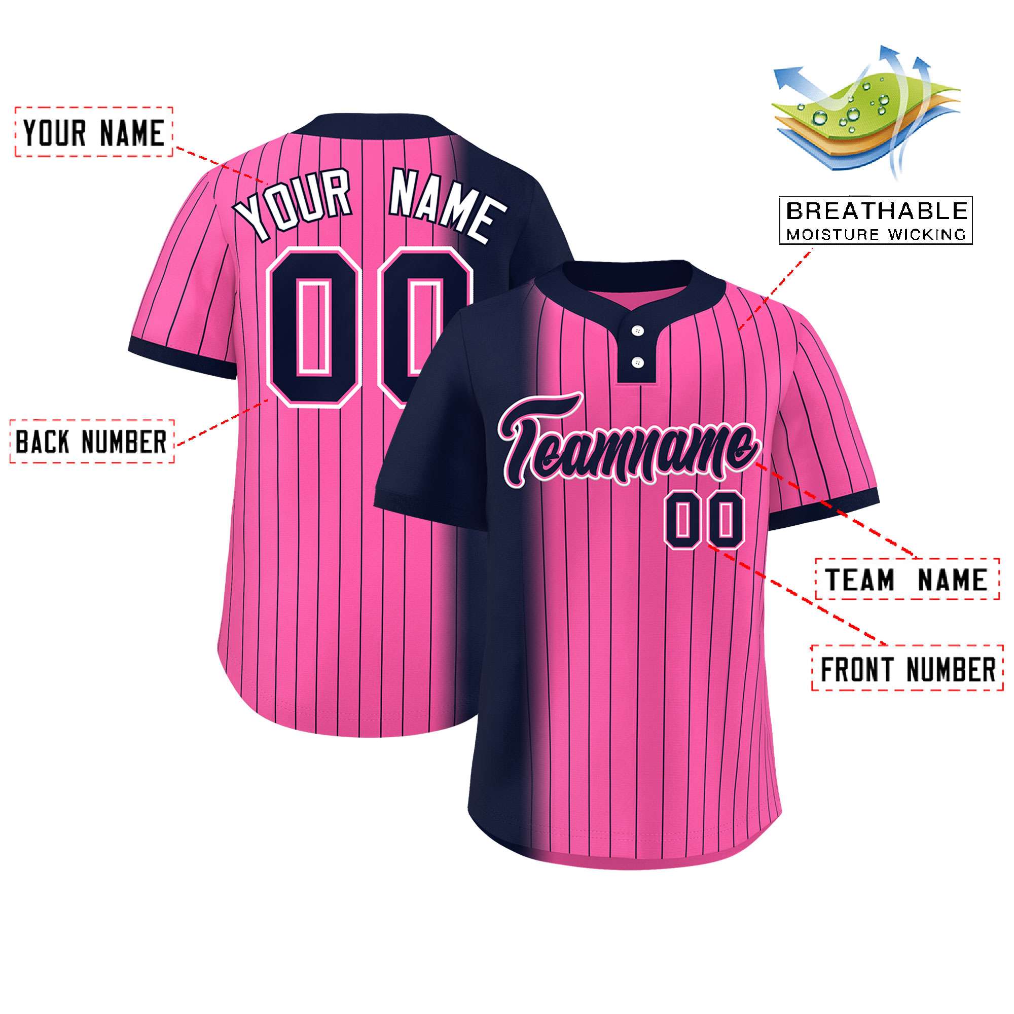 Custom Navy Pink Gradient Stripe Fashion Authentic Two-Button Baseball Jersey