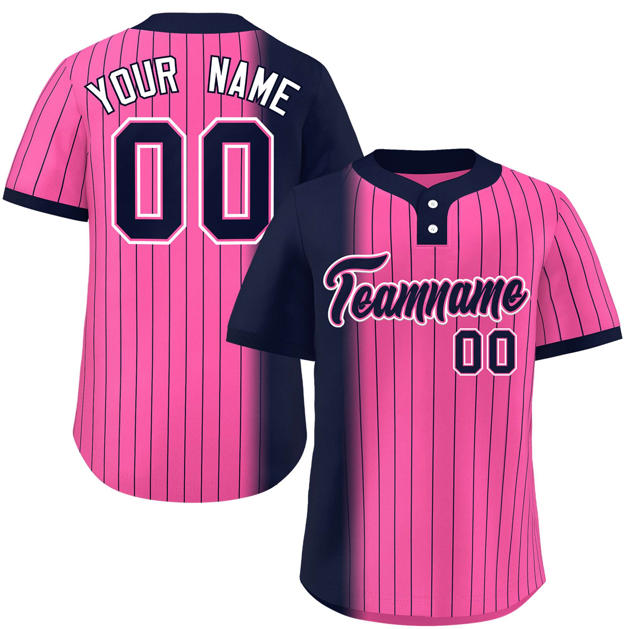 Custom Navy Pink Gradient Stripe Fashion Authentic Two-Button Baseball Jersey