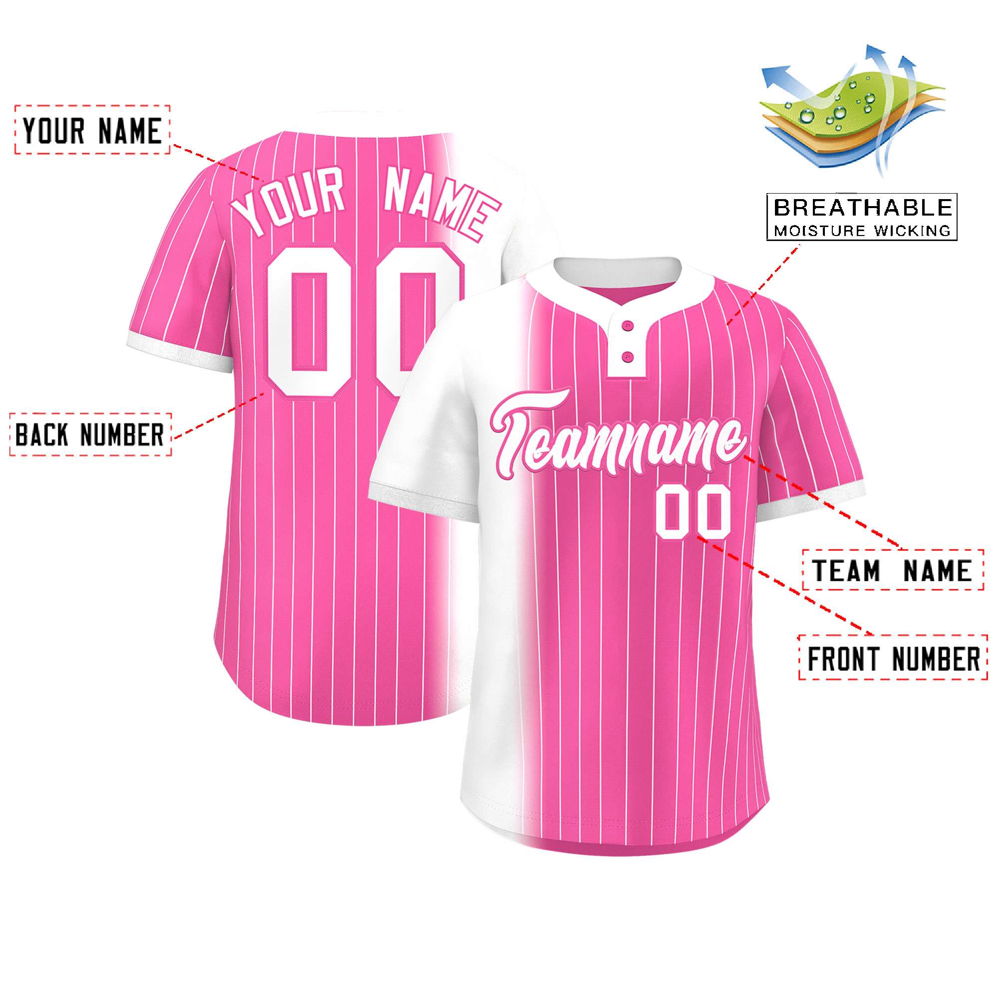 Custom White Pink Gradient Stripe Fashion Authentic Two-Button Baseball Jersey