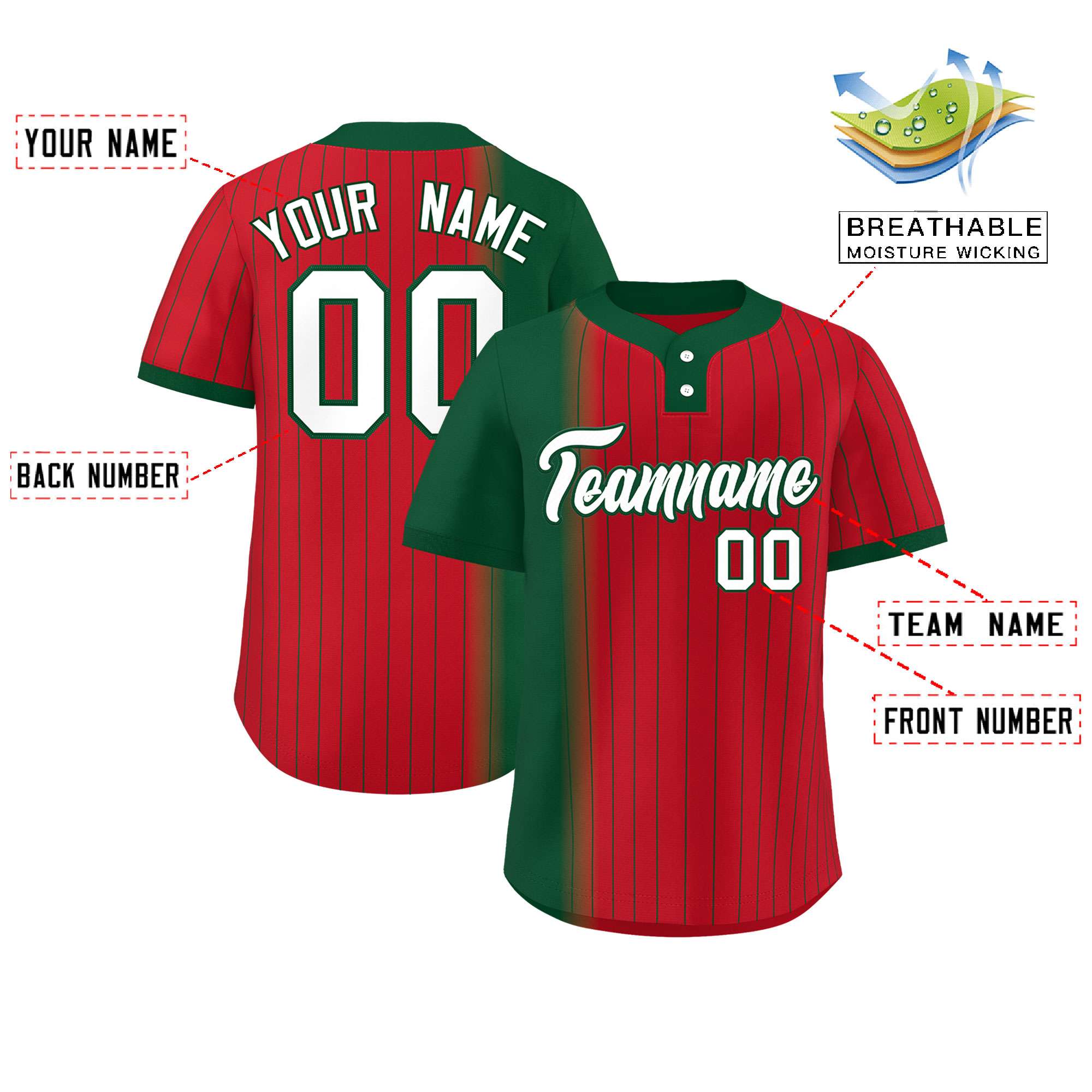 Custom Green Red Gradient Stripe Fashion Authentic Two-Button Baseball Jersey