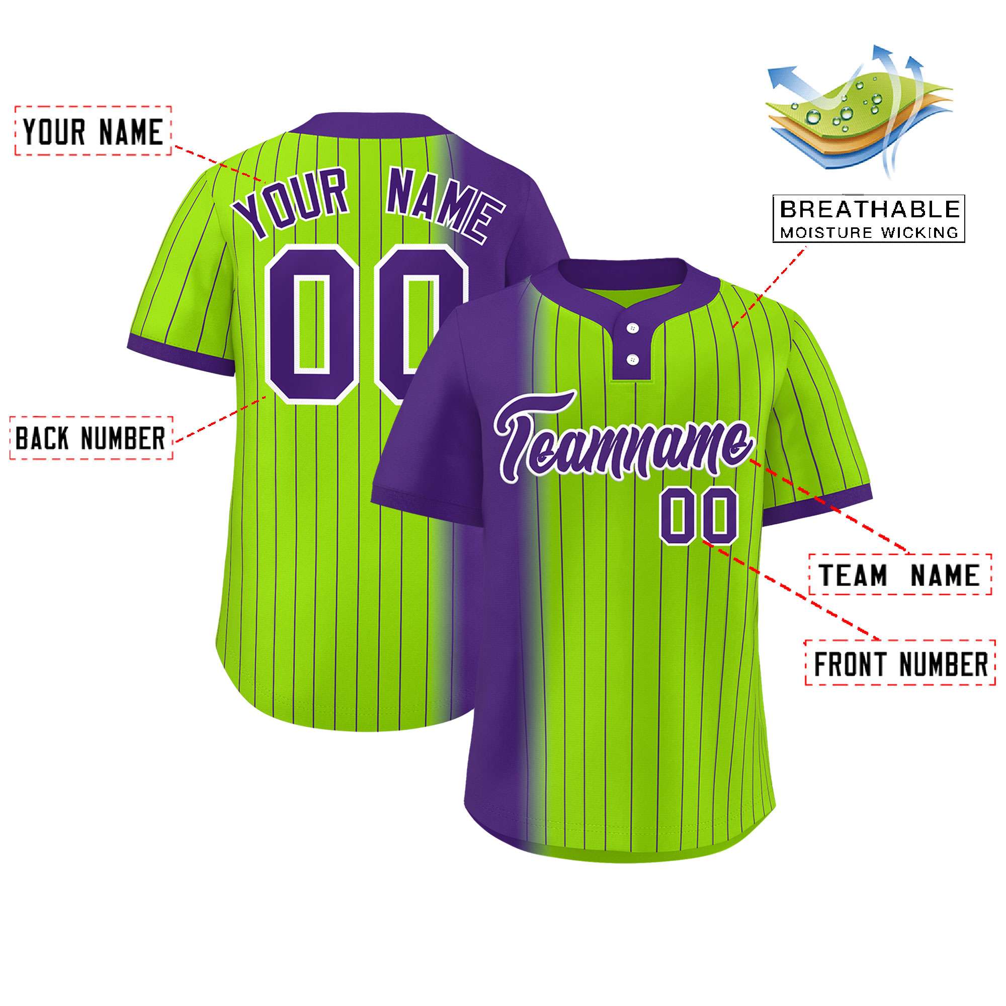 Custom Purple Neon Green Gradient Stripe Fashion Authentic Two-Button Baseball Jersey