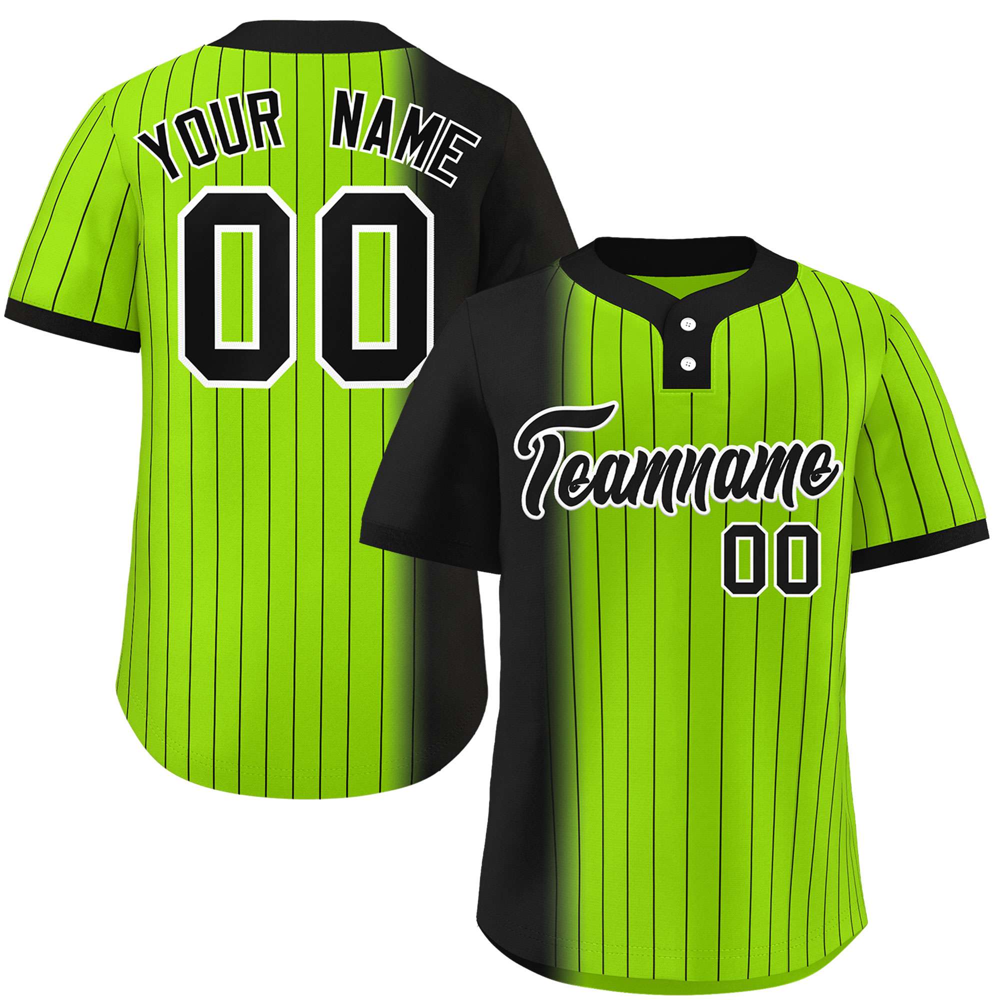 Custom Black Neon Green Gradient Stripe Fashion Authentic Two-Button Baseball Jersey