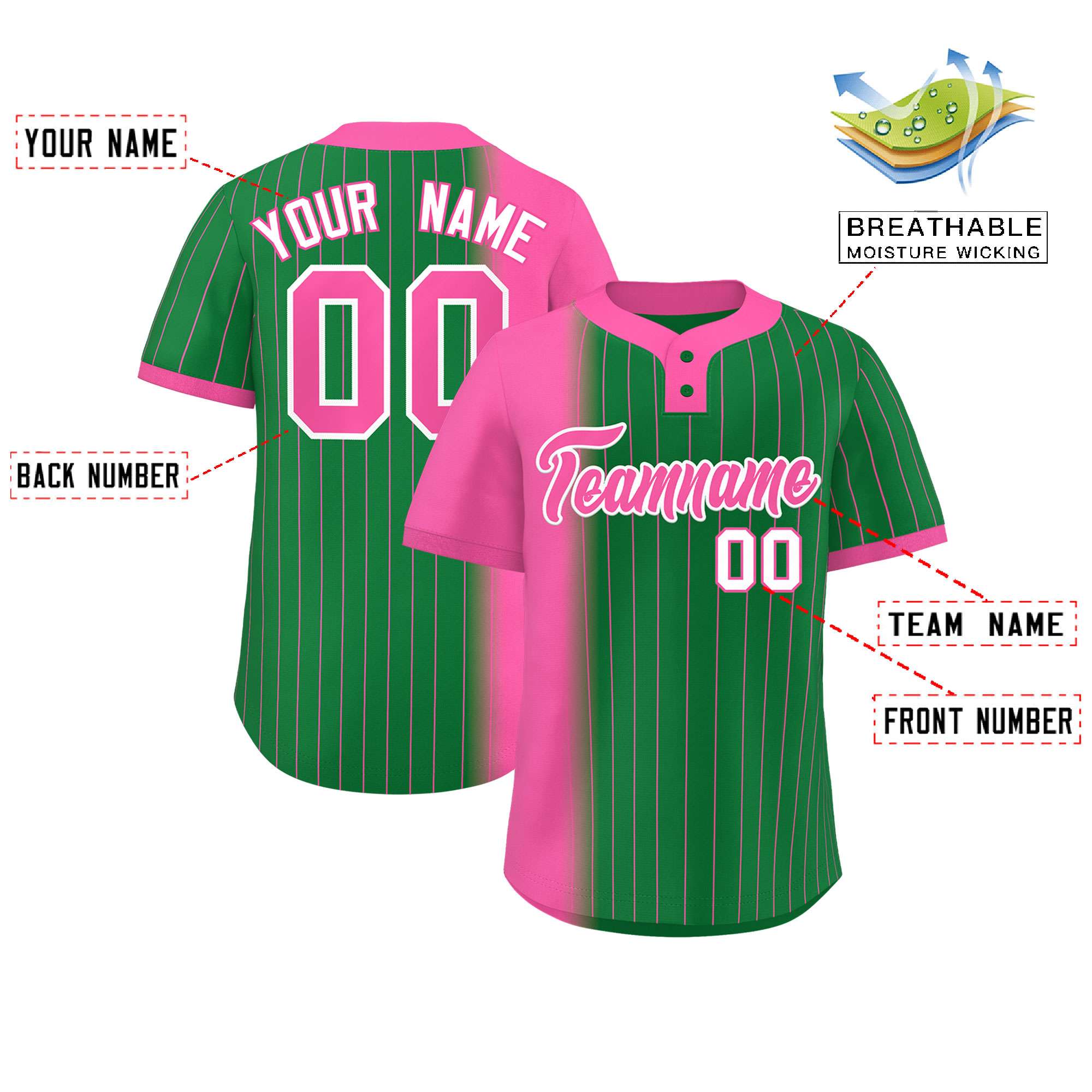 Custom Pink Kelly Green Gradient Stripe Fashion Authentic Two-Button Baseball Jersey