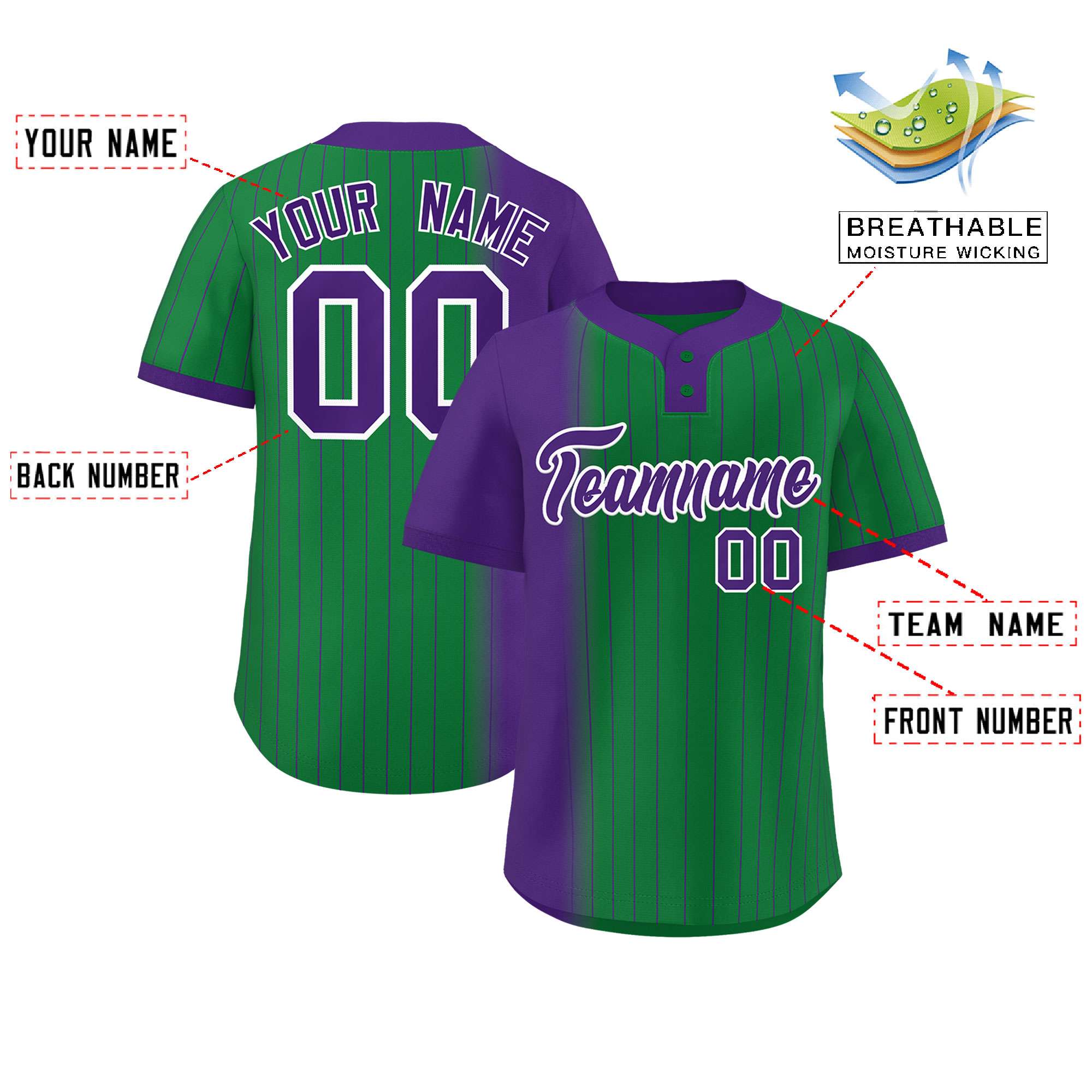 Custom Purple Kelly Green Gradient Stripe Fashion Authentic Two-Button Baseball Jersey