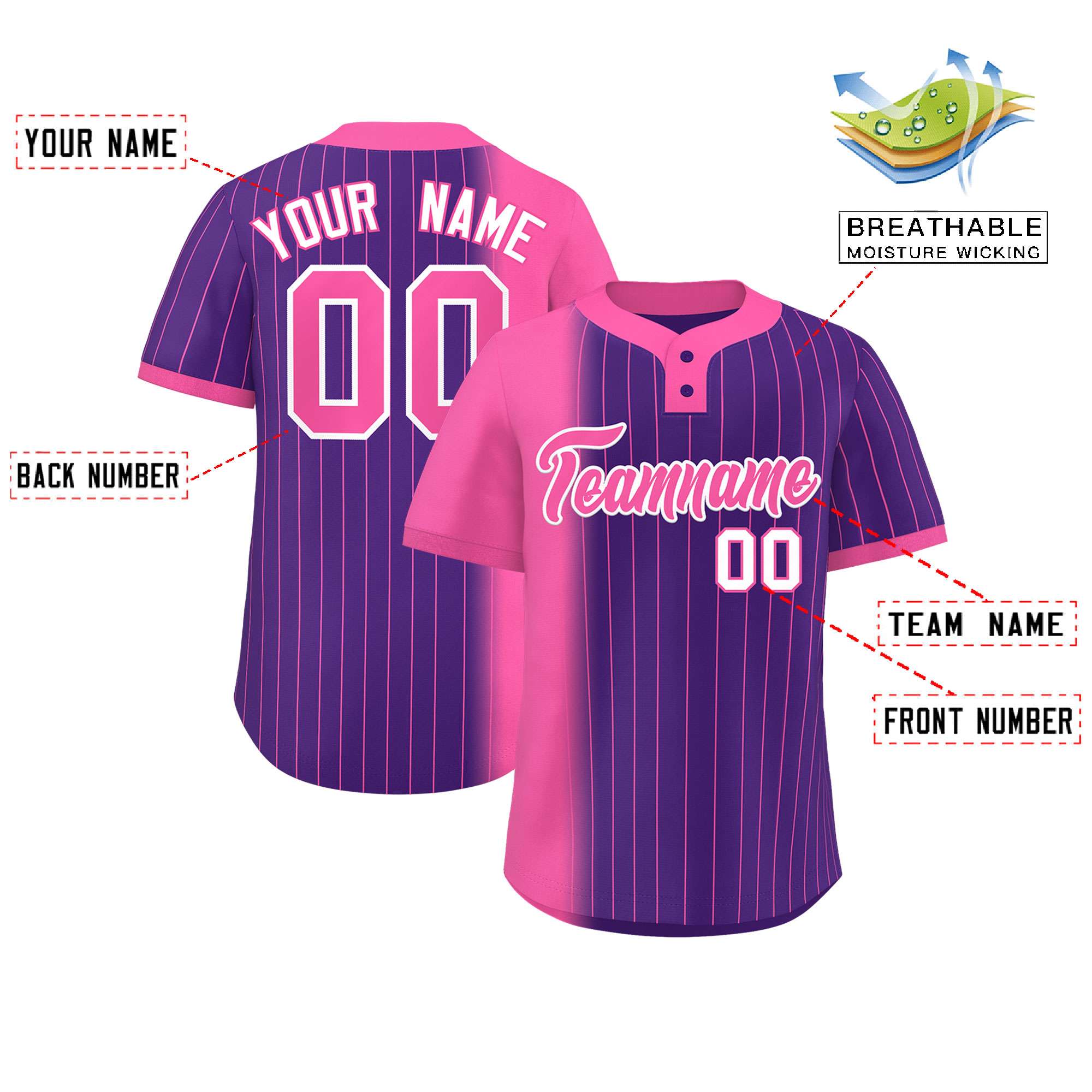 Custom Pink Purple Gradient Stripe Fashion Authentic Two-Button Baseball Jersey