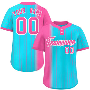 Custom Pink Sky Blue Gradient Stripe Fashion Authentic Two-Button Baseball Jersey