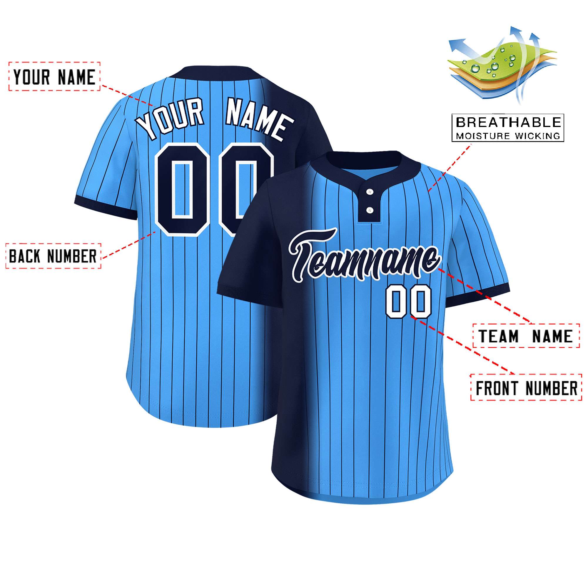 Custom Navy Powder Blue Gradient Stripe Fashion Authentic Two-Button Baseball Jersey