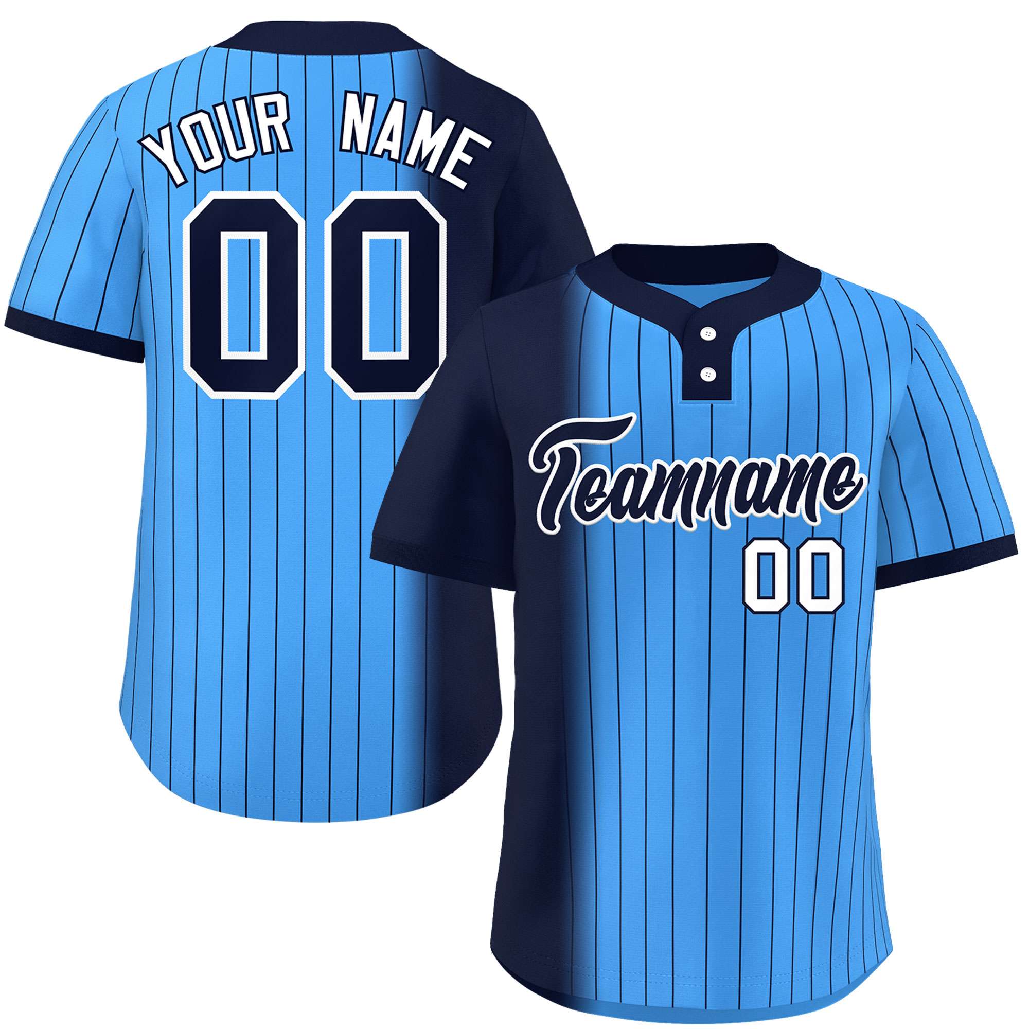 Custom Navy Powder Blue Gradient Stripe Fashion Authentic Two-Button Baseball Jersey