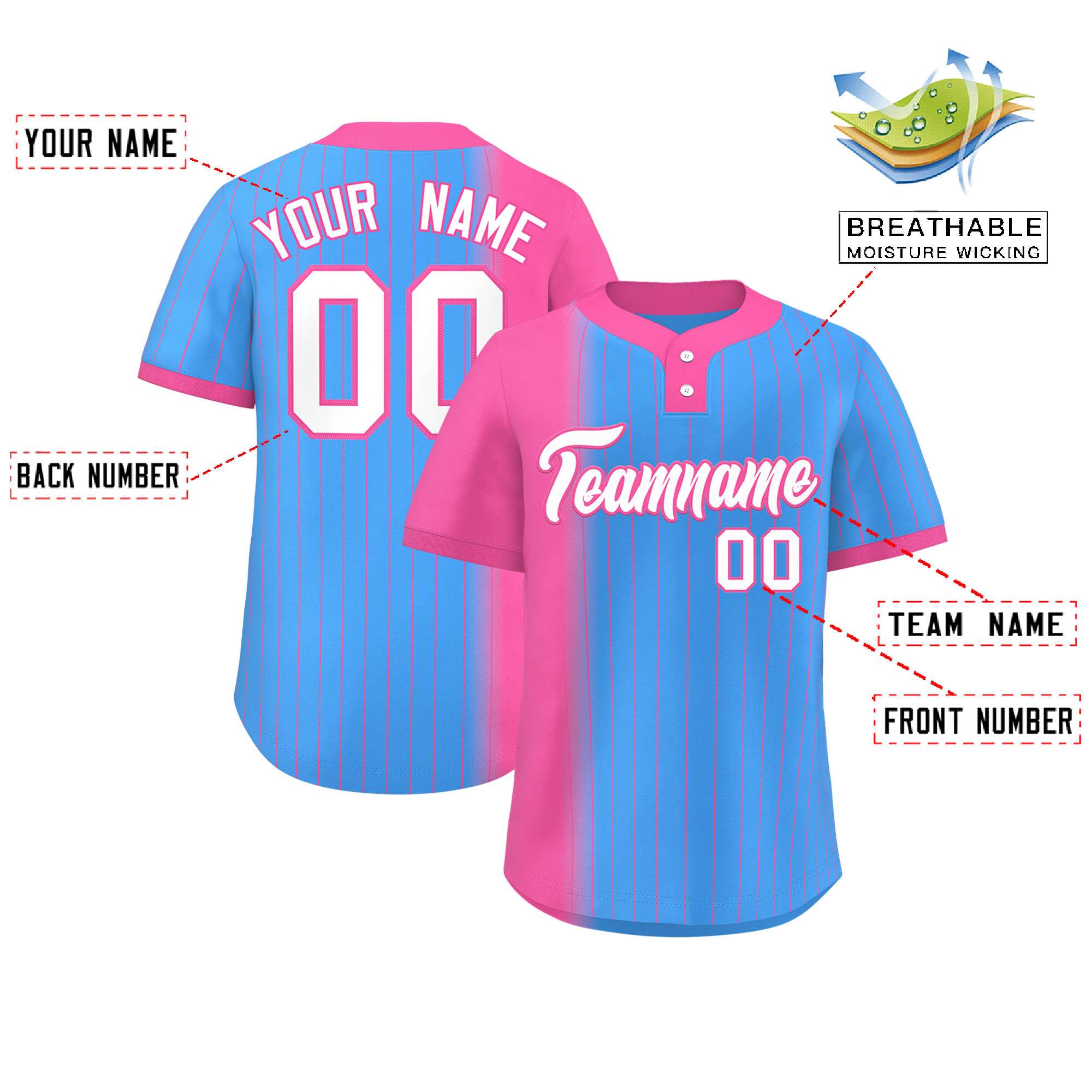 Custom Pink Powder Blue Gradient Stripe Fashion Authentic Two-Button Baseball Jersey