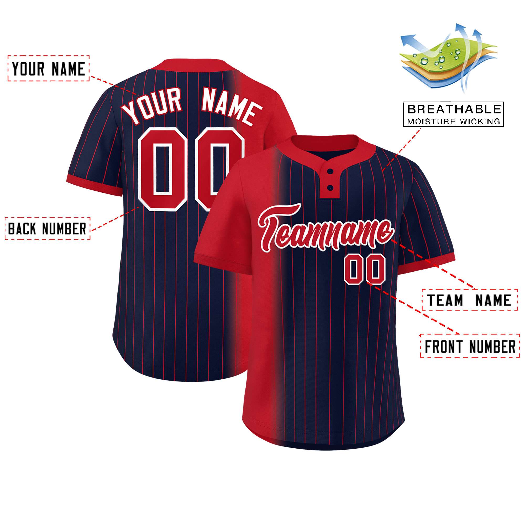 Custom Red Navy Gradient Stripe Fashion Authentic Two-Button Baseball Jersey