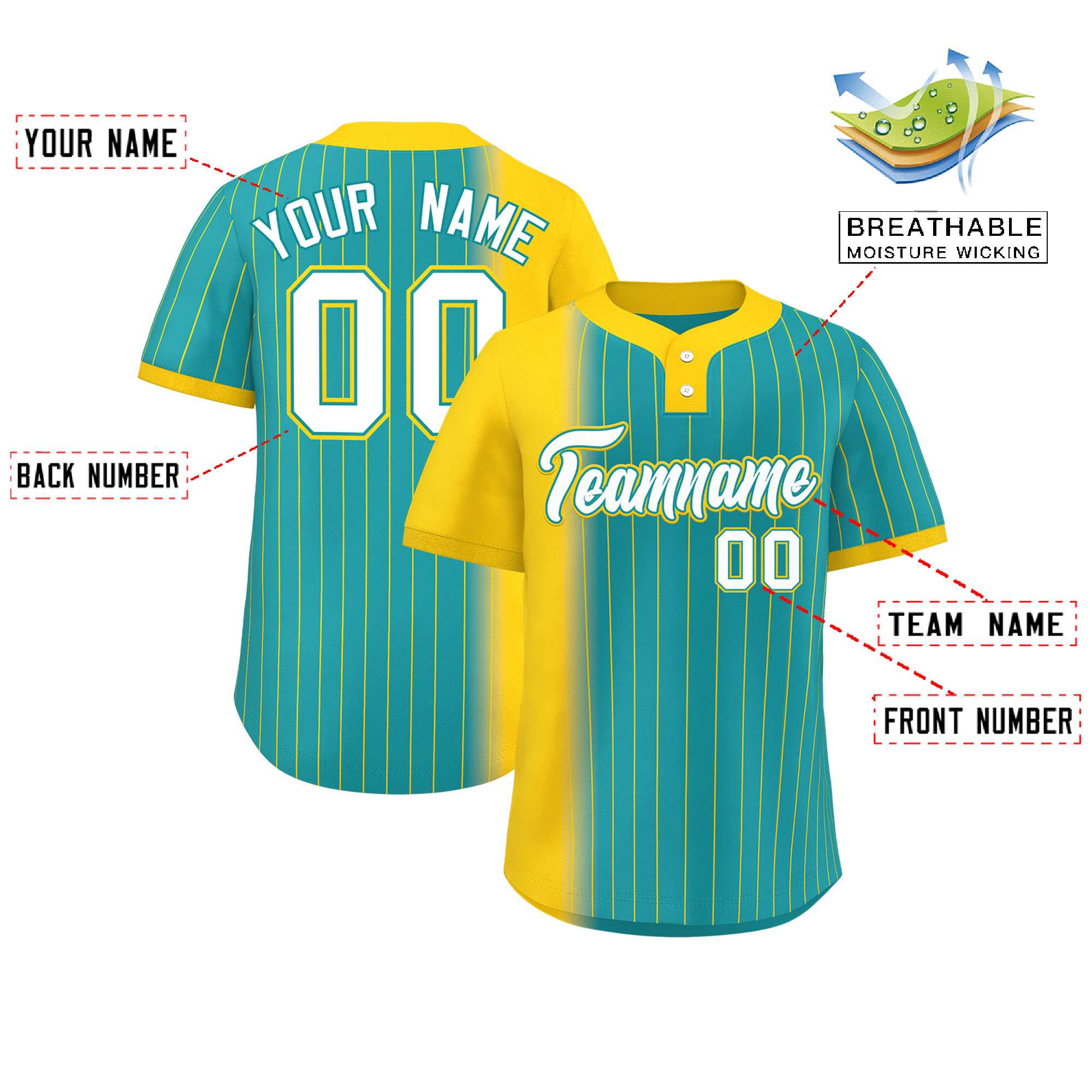 Custom Gold Aqua Gradient Stripe Fashion Authentic Two-Button Baseball Jersey