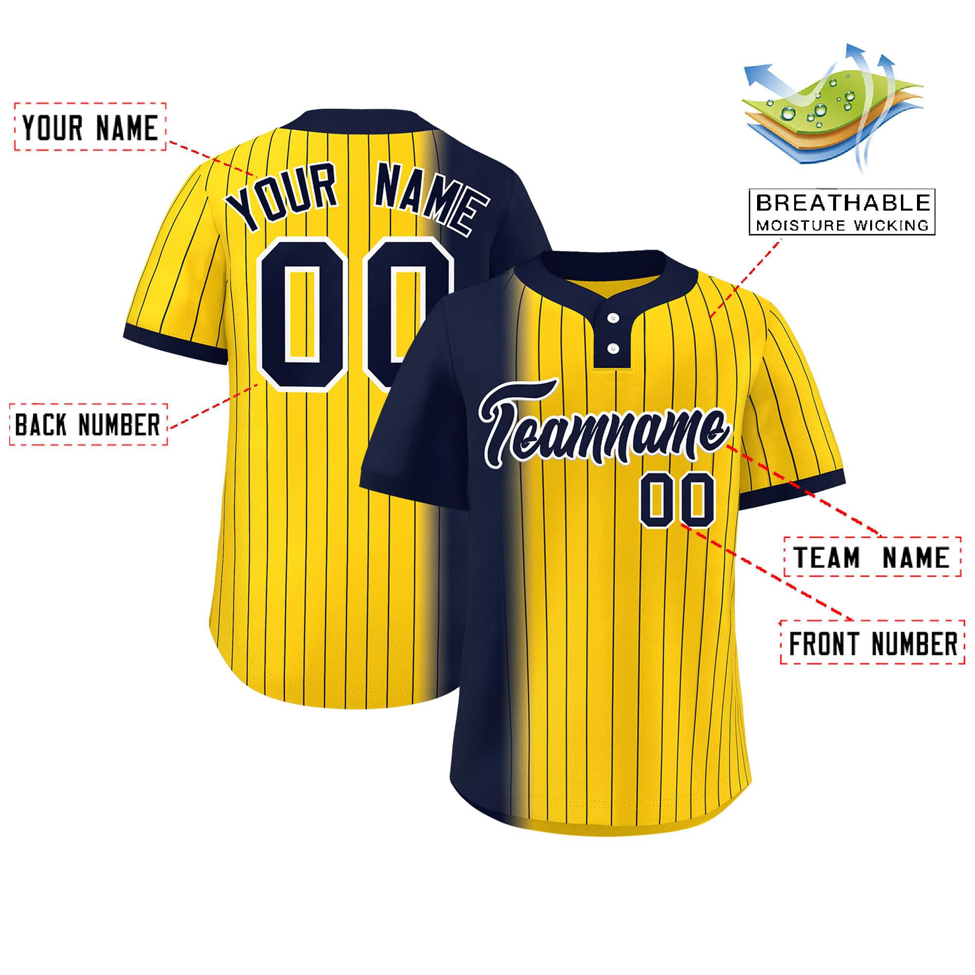 Custom Navy Gold Gradient Stripe Fashion Authentic Two-Button Baseball Jersey