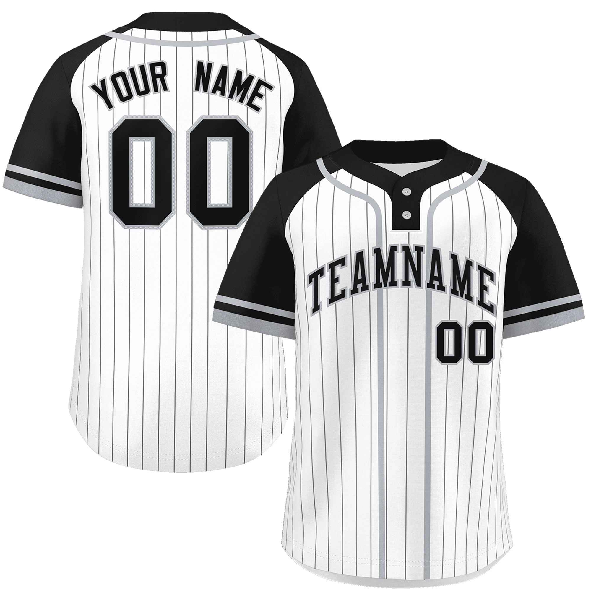 Custom White Black-Gray Stripe Fashion Raglan Sleeves Authentic Two-Button Baseball Jersey