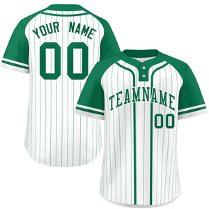 Custom White Kelly Green Stripe Fashion Raglan Sleeves Authentic Two-Button Baseball Jersey