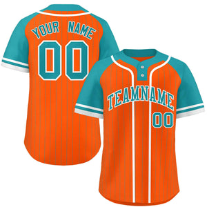 Custom Orange Aqua-White Stripe Fashion Raglan Sleeves Authentic Two-Button Baseball Jersey