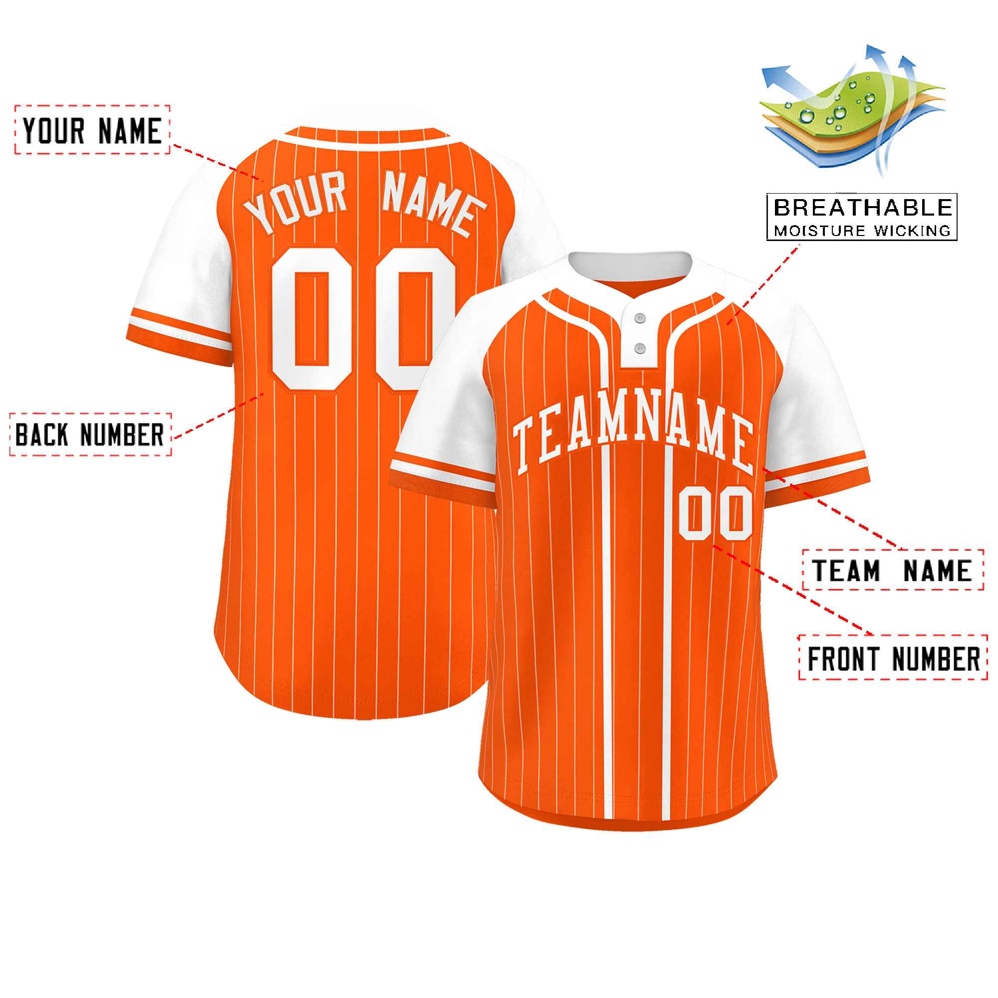 Custom Orange White Stripe Fashion Raglan Sleeves Authentic Two-Button Baseball Jersey