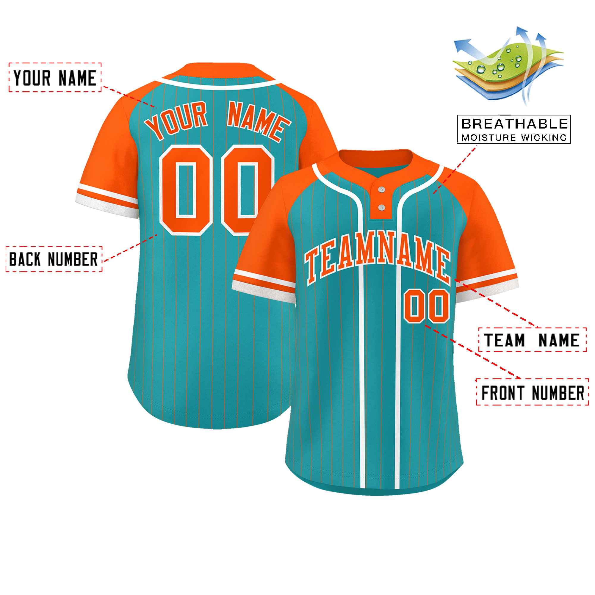 Custom Aqua Orange-White Stripe Fashion Raglan Sleeves Authentic Two-Button Baseball Jersey