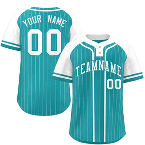 Custom Aqua White Stripe Fashion Raglan Sleeves Authentic Two-Button Baseball Jersey