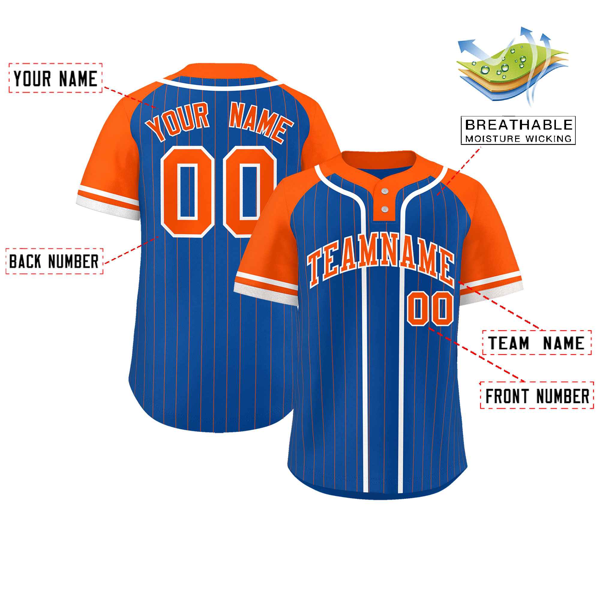 Custom Royal Orange-White Stripe Fashion Raglan Sleeves Authentic Two-Button Baseball Jersey