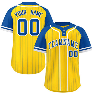 Custom Gold Royal-White Stripe Fashion Raglan Sleeves Authentic Two-Button Baseball Jersey