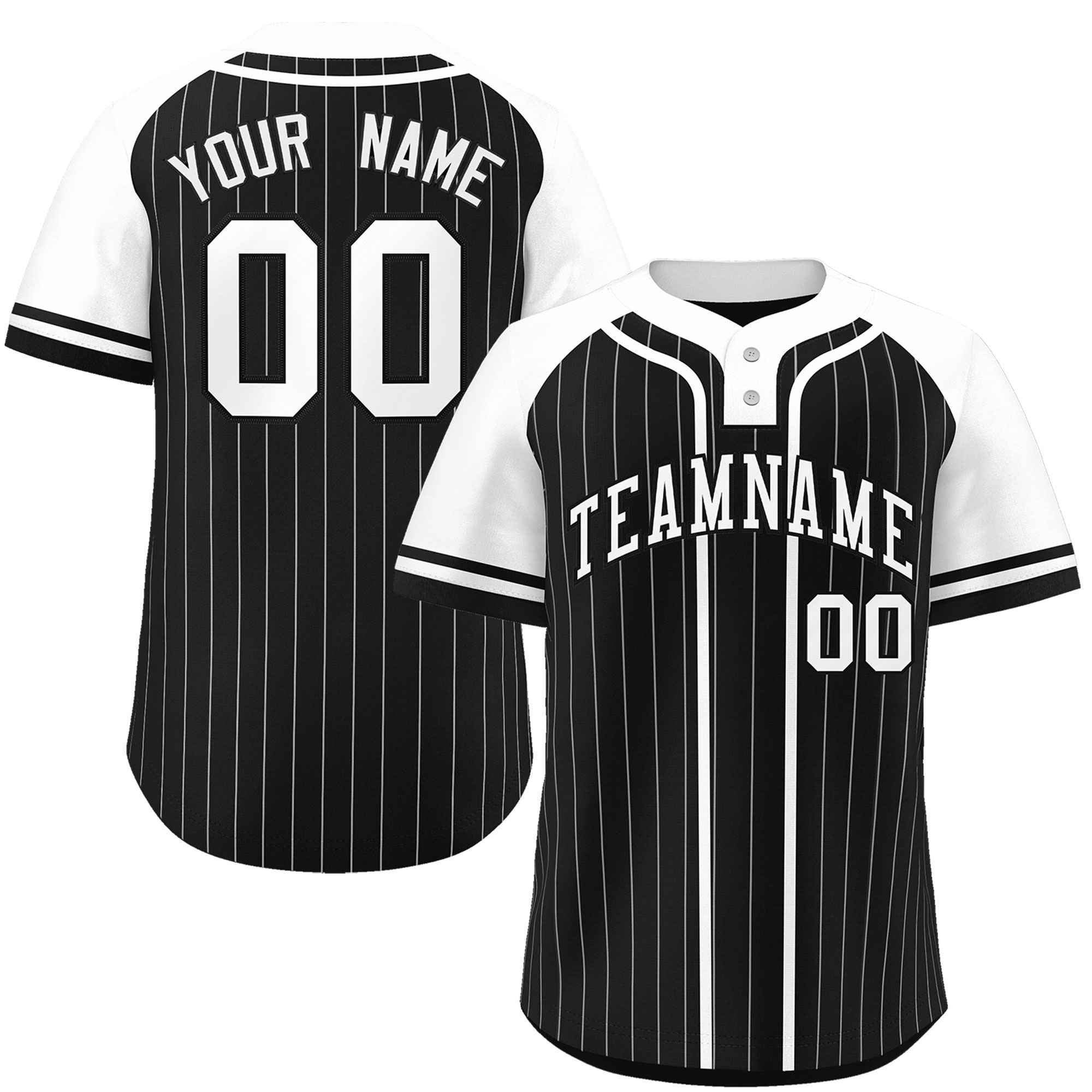 Custom Black White Stripe Fashion Raglan Sleeves Authentic Two-Button Baseball Jersey