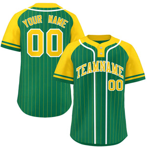 Custom Kelly Green Gold-White Stripe Fashion Raglan Sleeves Authentic Two-Button Baseball Jersey