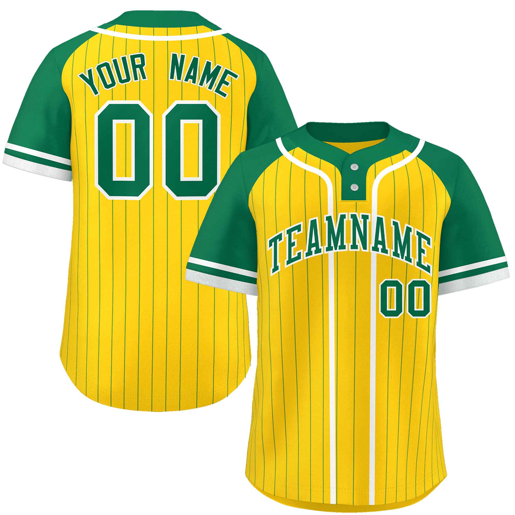 Custom Gold Kelly Green-White Stripe Fashion Raglan Sleeves Authentic Two-Button Baseball Jersey