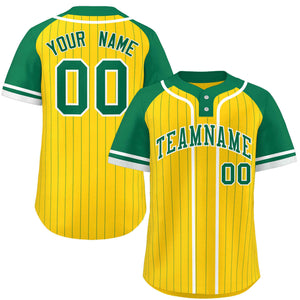 Custom Gold Kelly Green-White Stripe Fashion Raglan Sleeves Authentic Two-Button Baseball Jersey