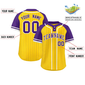 Custom Gold Purple-White Stripe Fashion Raglan Sleeves Authentic Two-Button Baseball Jersey