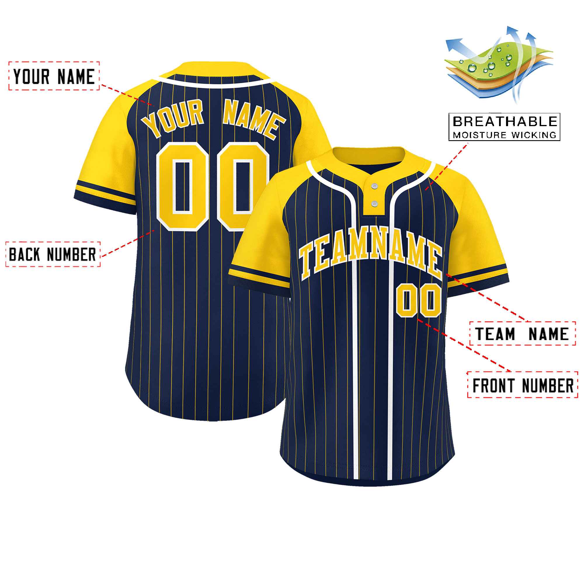 Custom Navy Gold-White Stripe Fashion Raglan Sleeves Authentic Two-Button Baseball Jersey